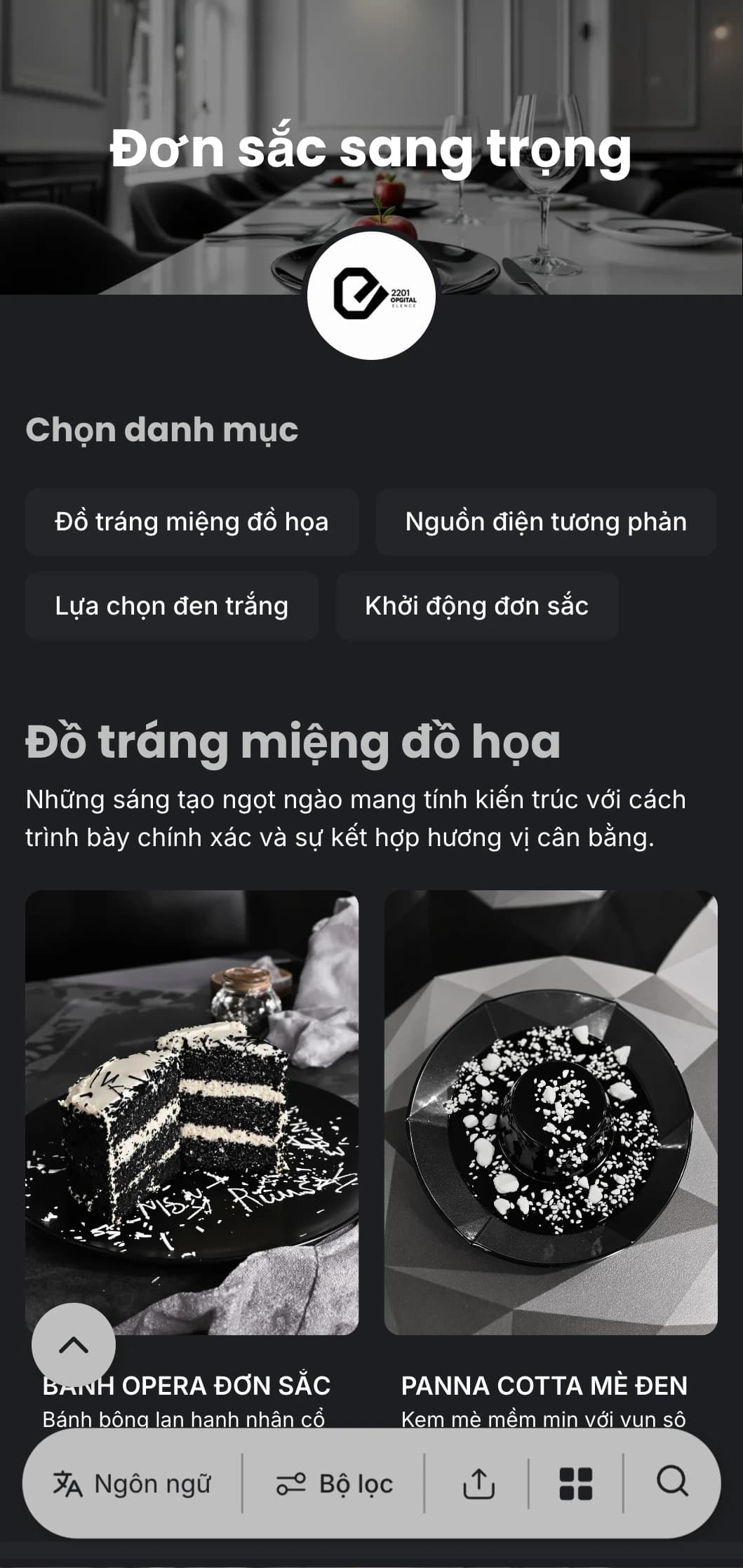 Thực đơn tối đen trắng tinh tế với kiểu chữ đậm và đường nét gọn gàng, được thiết kế cho bữa tối sang trọng hiện đại.