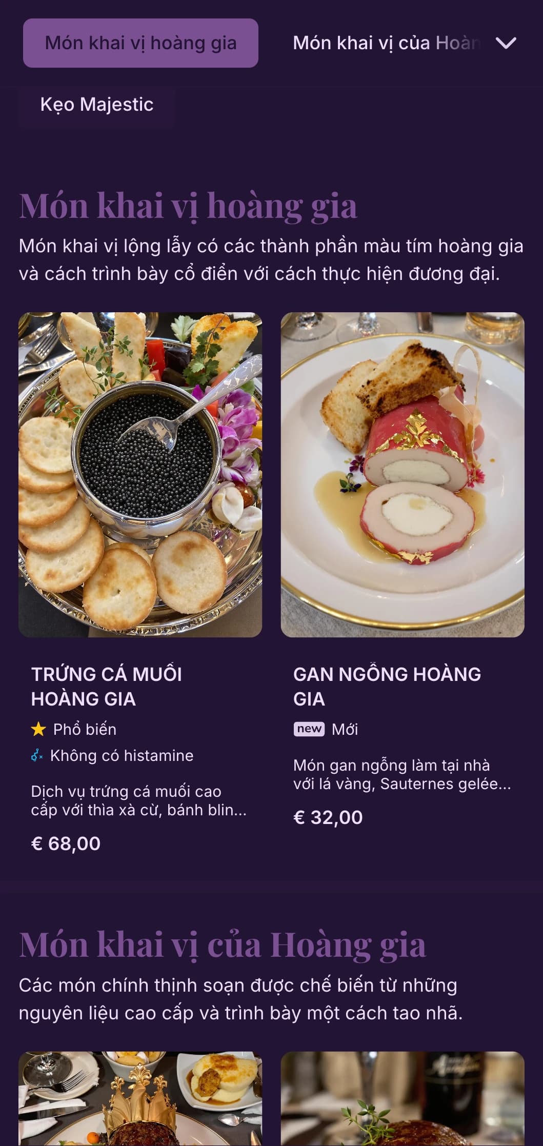 Khái niệm ẩm thực uy nghi với tông màu tím hoàng gia và các yếu tố sang trọng hiện đại mang đến trải nghiệm quý phái.