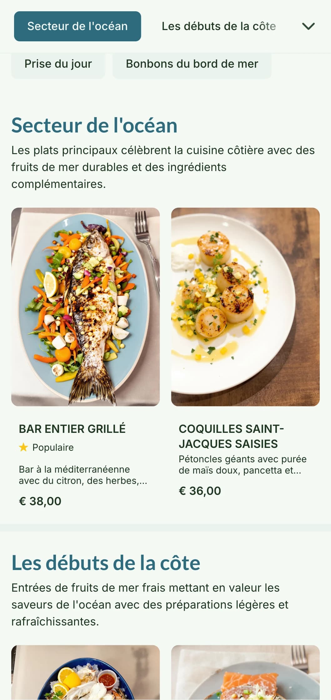 Un menu frais et aéré inspiré par la vie côtière, avec des bleus doux et des textures naturelles, parfait pour les restaurants de fruits de mer.