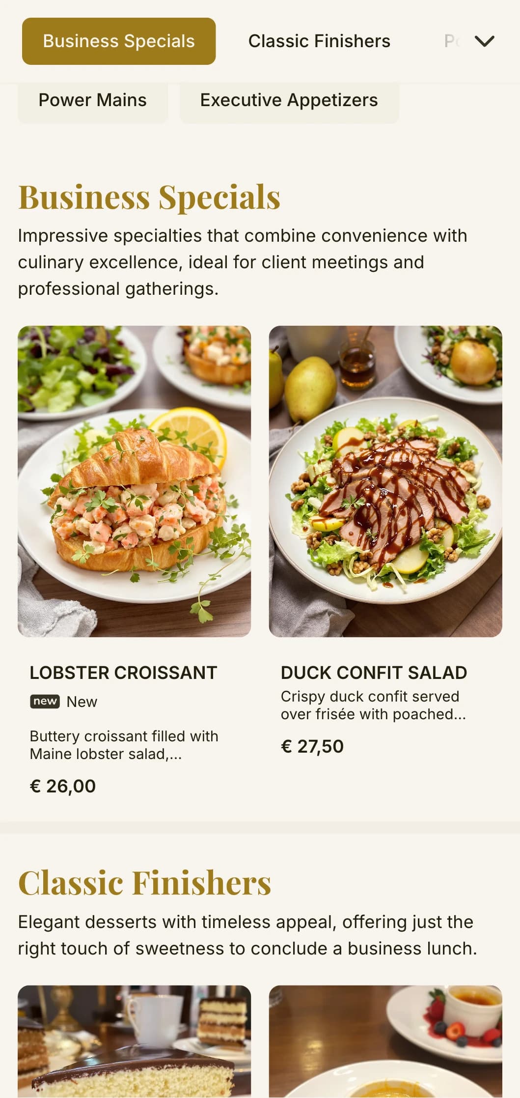 Elegant yet efficient lunch menu design for business districts and corporate catering, featuring timeless typography and sophisticated layout for quick professional lunches.