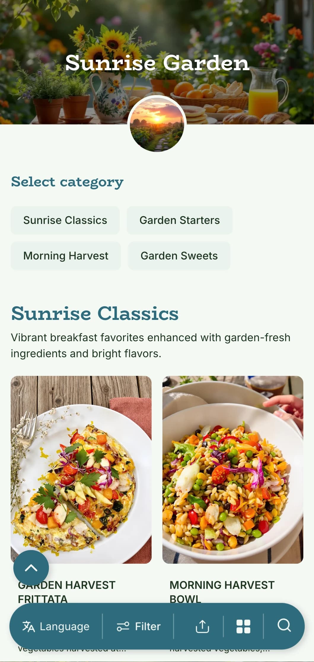 Fresh, garden-inspired breakfast fare featuring organic ingredients and vibrant presentations with natural elements.