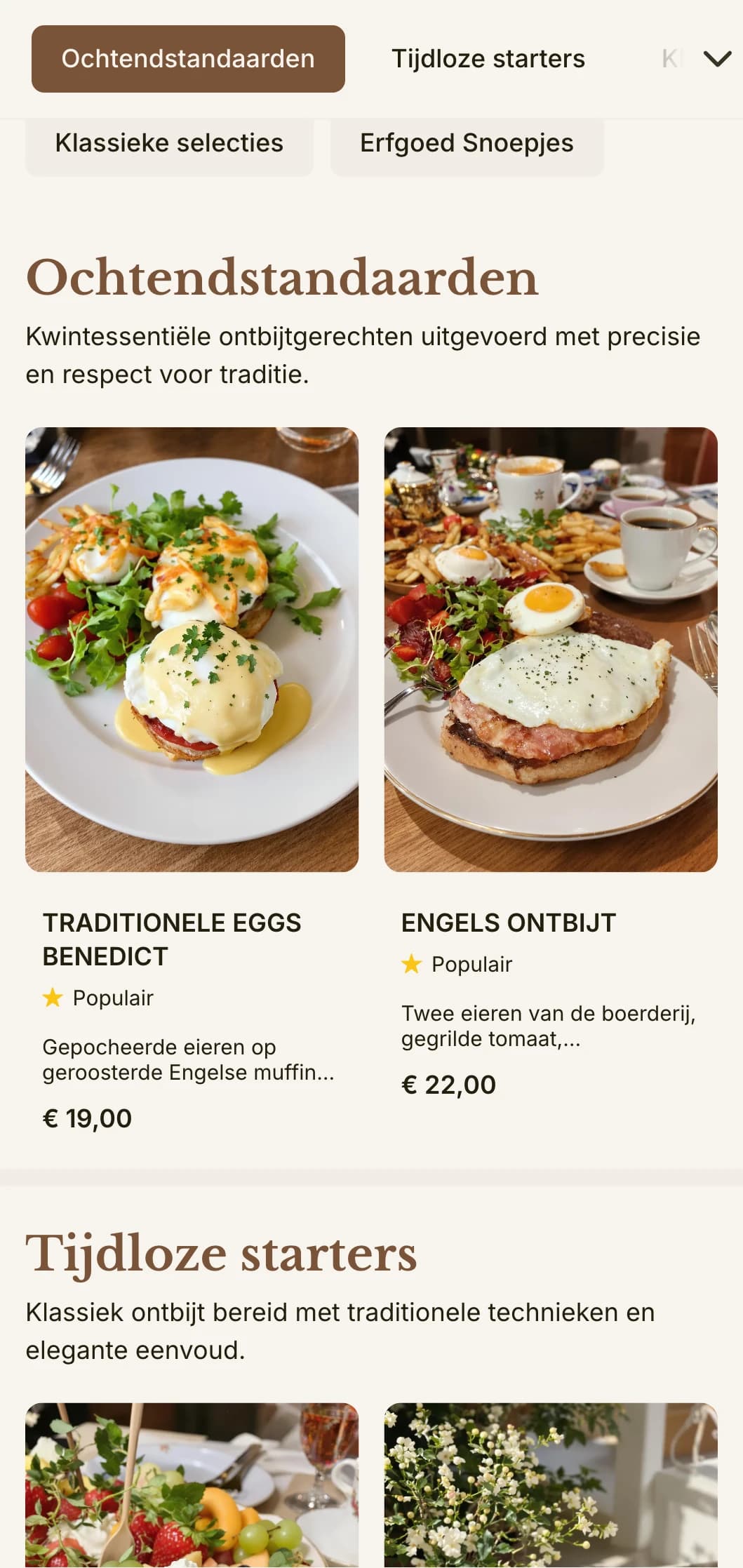 Tijdloze ontbijt favorieten bereid met precisie en zorg, gepresenteerd op een elegante, traditionele manier.