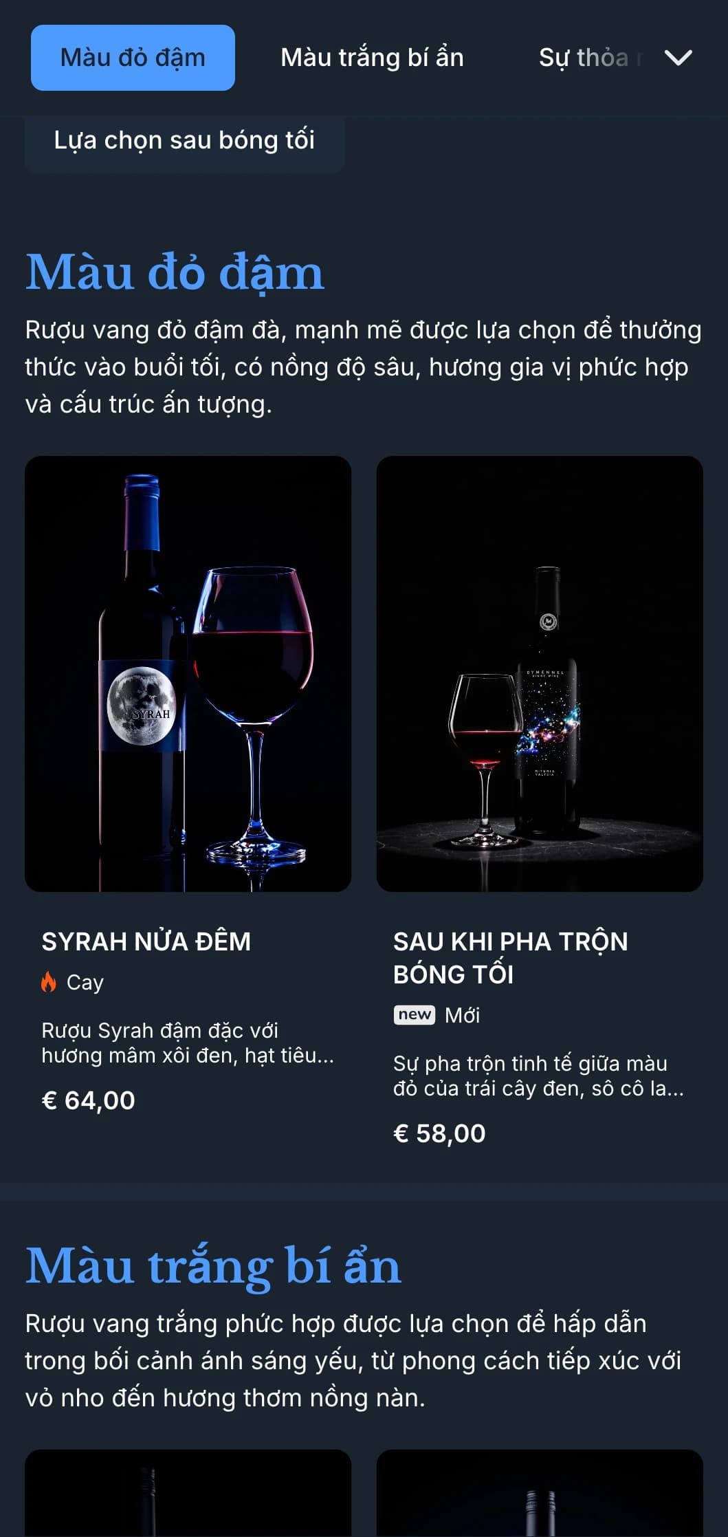 Mẫu danh sách rượu vang có không khí sâu lắng với điểm nhấn màu xanh lam trên nền nửa đêm, lý tưởng cho các địa điểm tổ chức tiệc buổi tối và trải nghiệm rượu vang độc quyền.