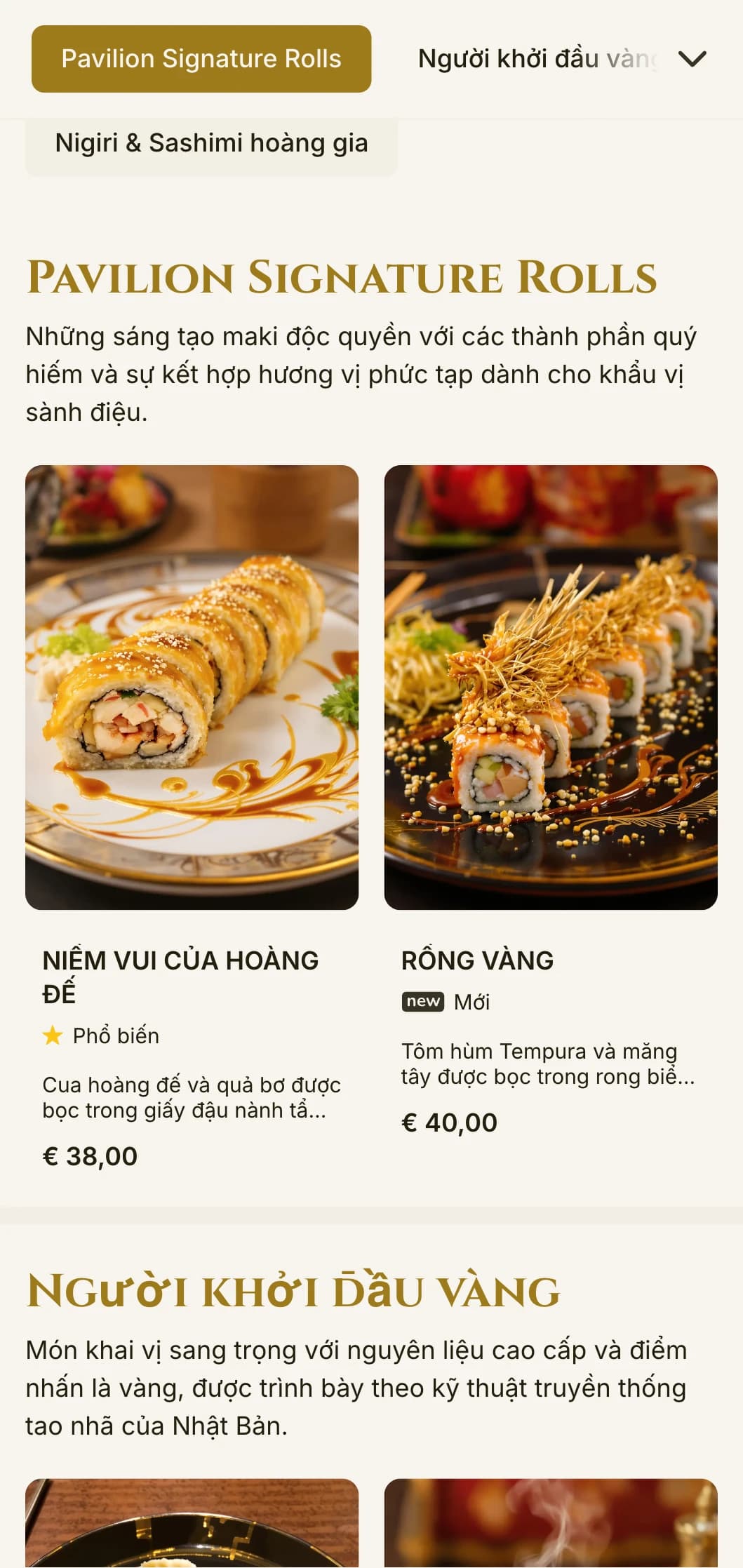 Thực đơn sushi sang trọng với tông màu vàng lấy cảm hứng từ ngôi đền nổi tiếng của Kyoto, có kiểu chữ thanh lịch và các yếu tố truyền thống.