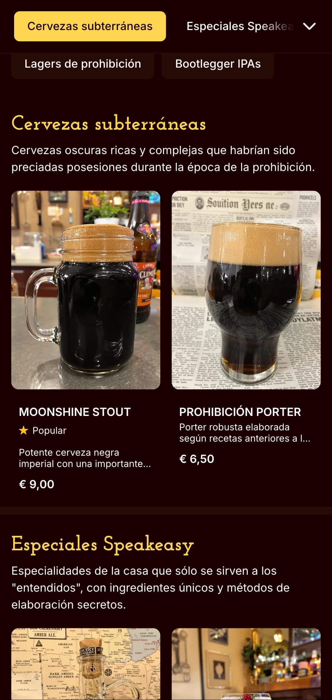 Diseño clandestino y vintage de la época de la prohibición, con tonos oscuros y estética secreta, ideal para bares de cerveza con temática speakeasy.