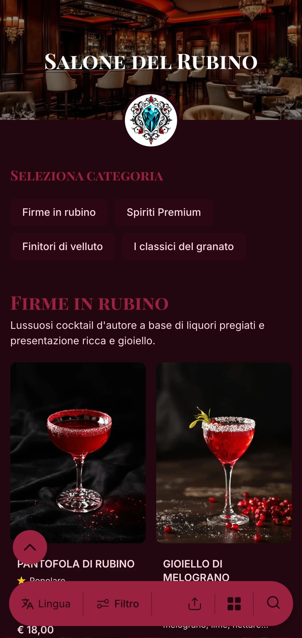Un design lussuoso e dai toni gioiello per cocktail bar e lounge di alto livello, con ricchi accenti di rubino ed elegante tipografia.