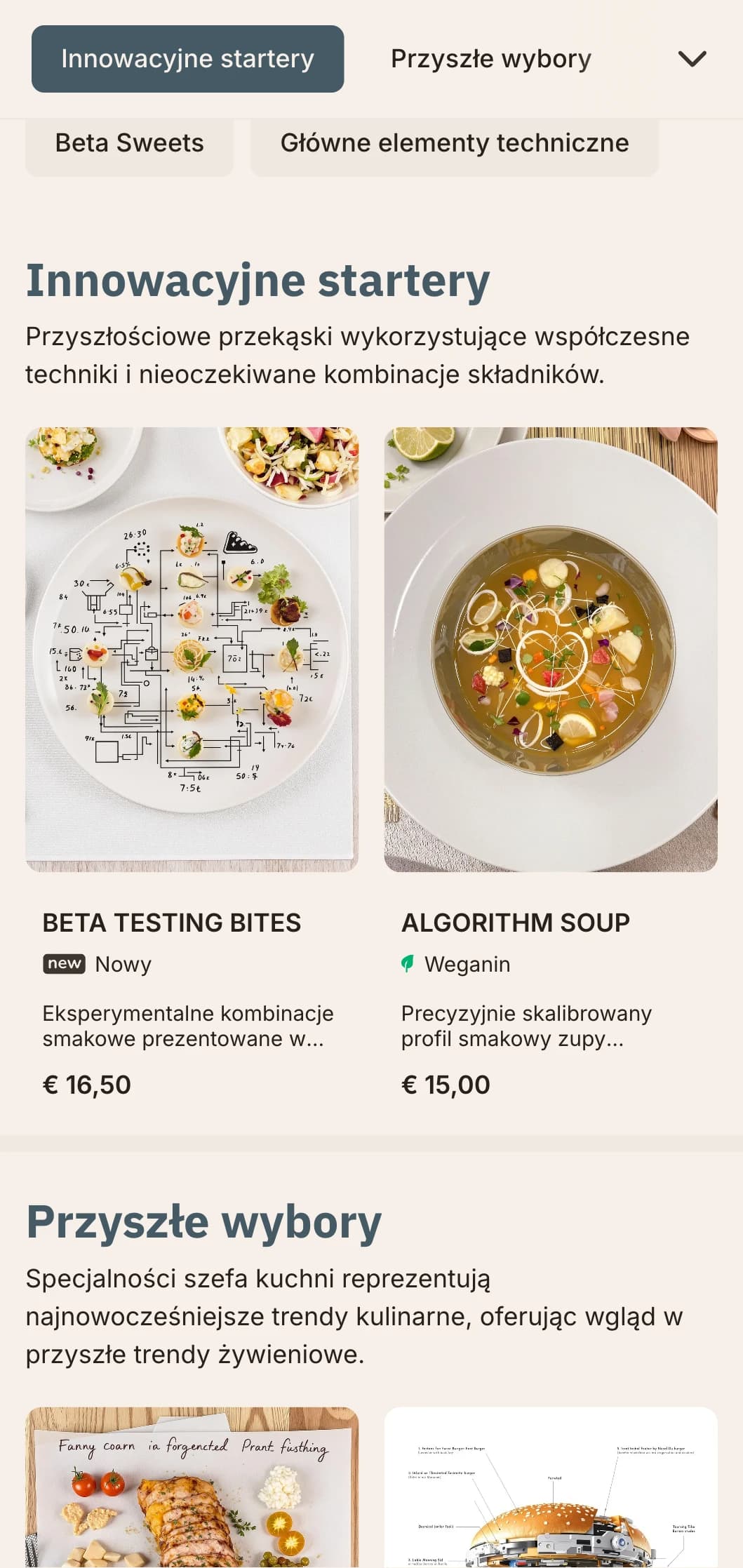 Innowacyjny, inspirowany technologią projekt menu lunchowego z elementami cyfrowymi i futurystyczną estetyką, idealny dla restauracji w dzielnicach technologicznych i centrach innowacji.