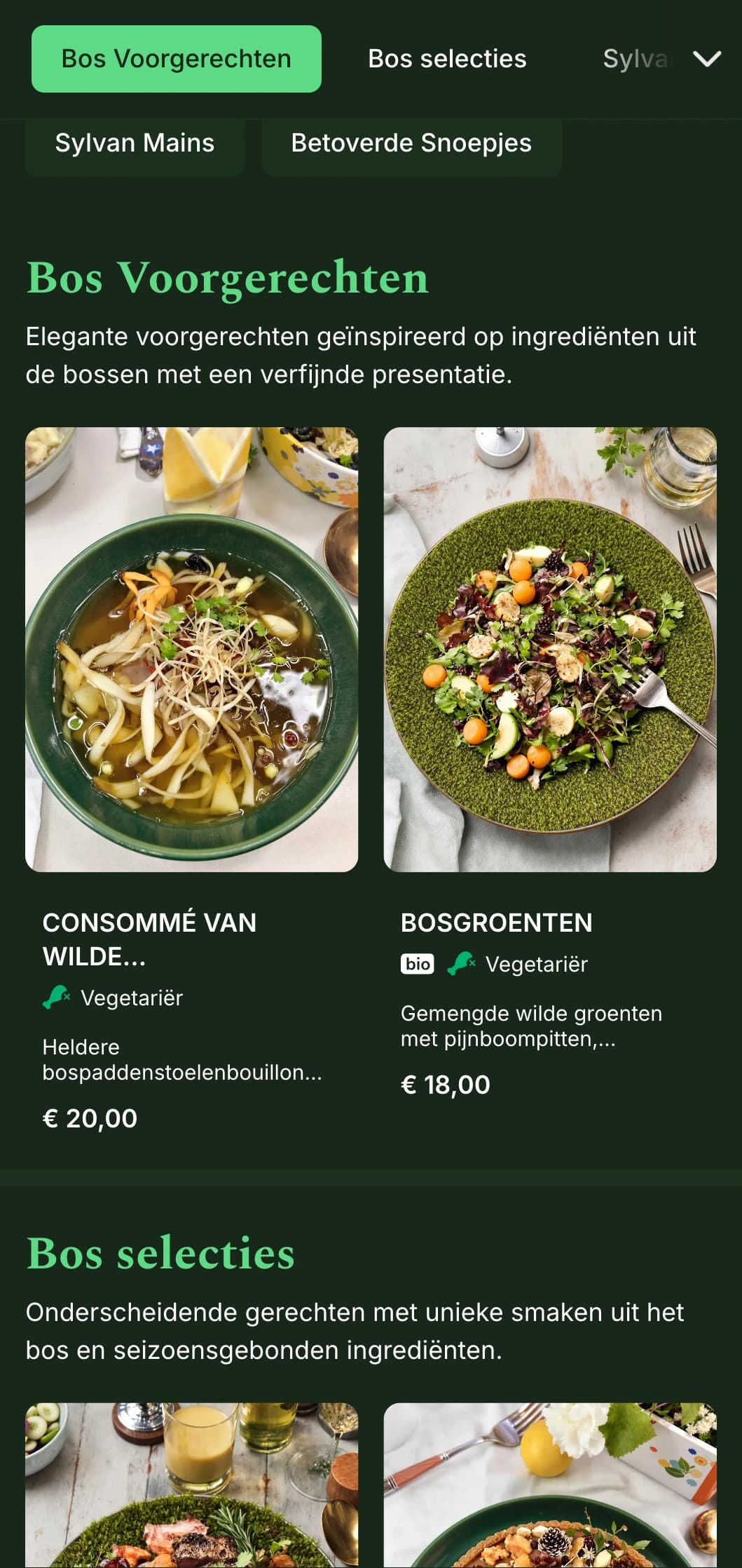 Een verfijnd dinermenu geïnspireerd door diepe bostinten en natuurlijke texturen, perfect voor gerechten met een bosmotief.