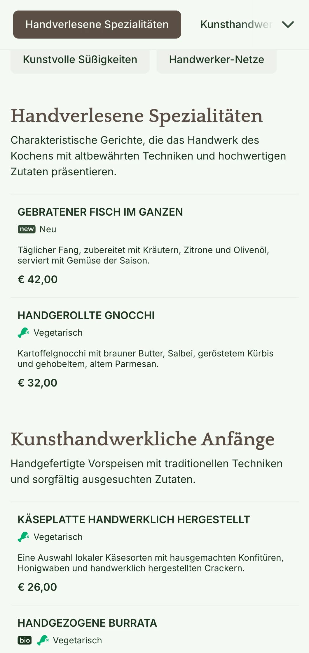 Ein warmes, handwerkliches Menü mit handwerklich inspirierten Designelementen und erdigen Tönen, perfekt für Restaurants, die sich auf handwerkliche Küche konzentrieren.