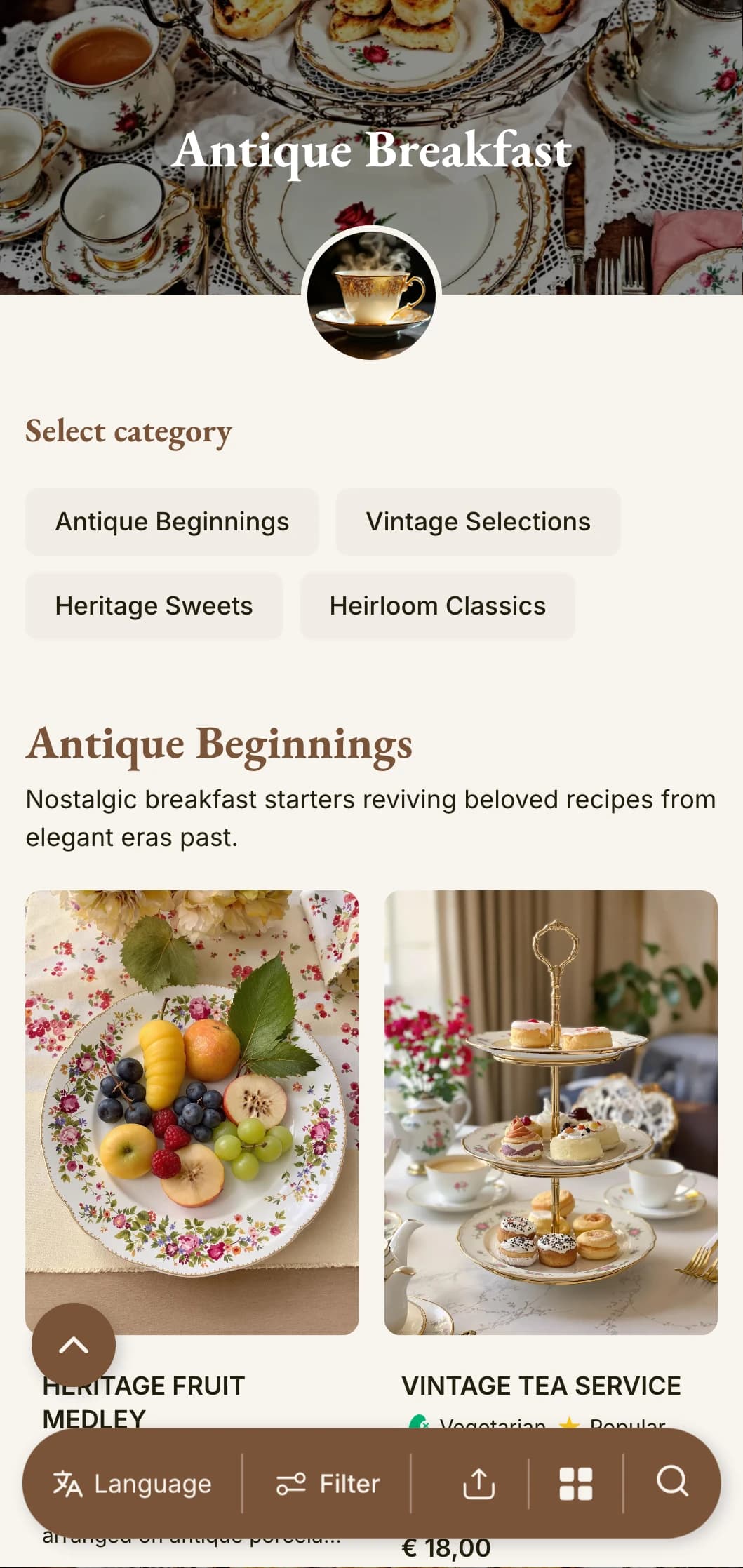 Nostalgic morning selections inspired by heirloom recipes, presented with vintage charm and classic elegance.
