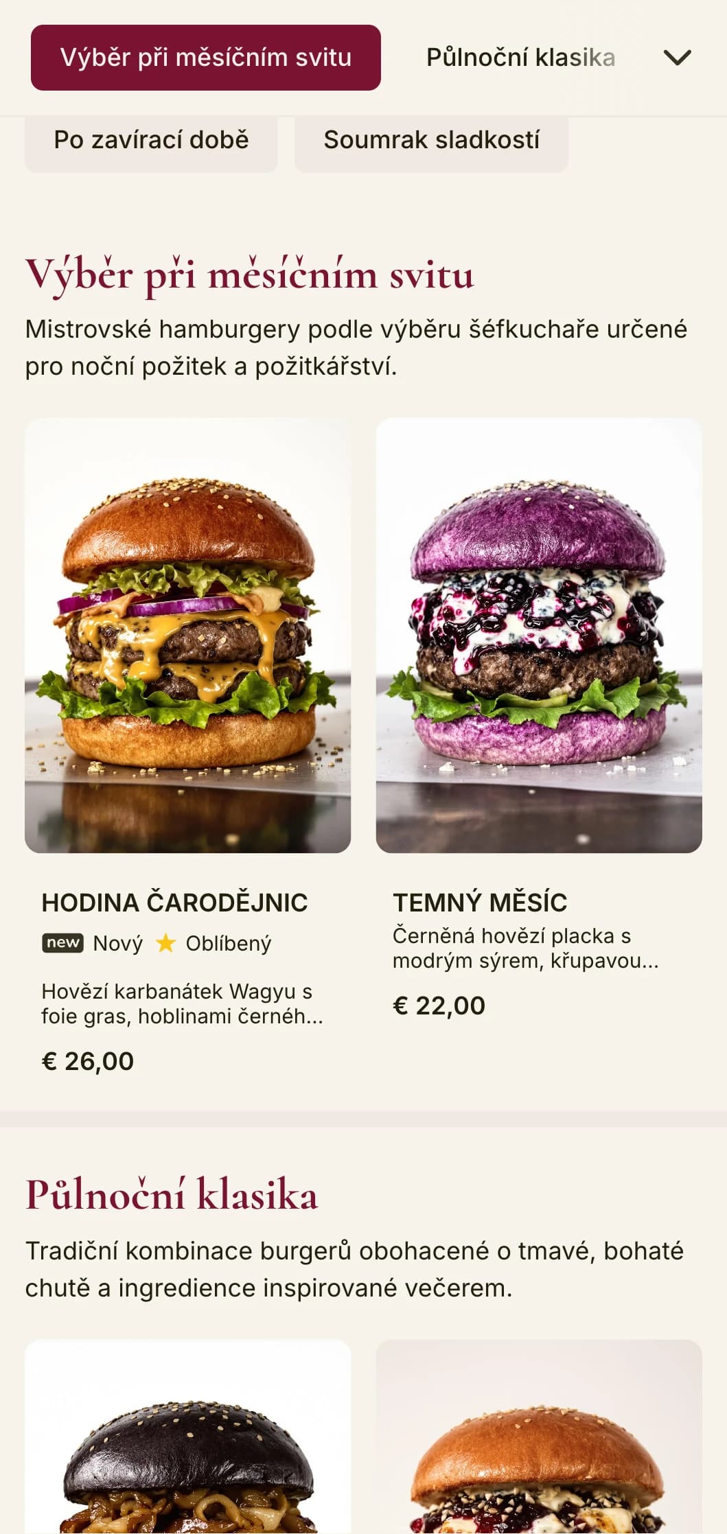 Prémiový burgerový salonek na pozdní večer s temnou sametovou a tajemnou atmosférou.