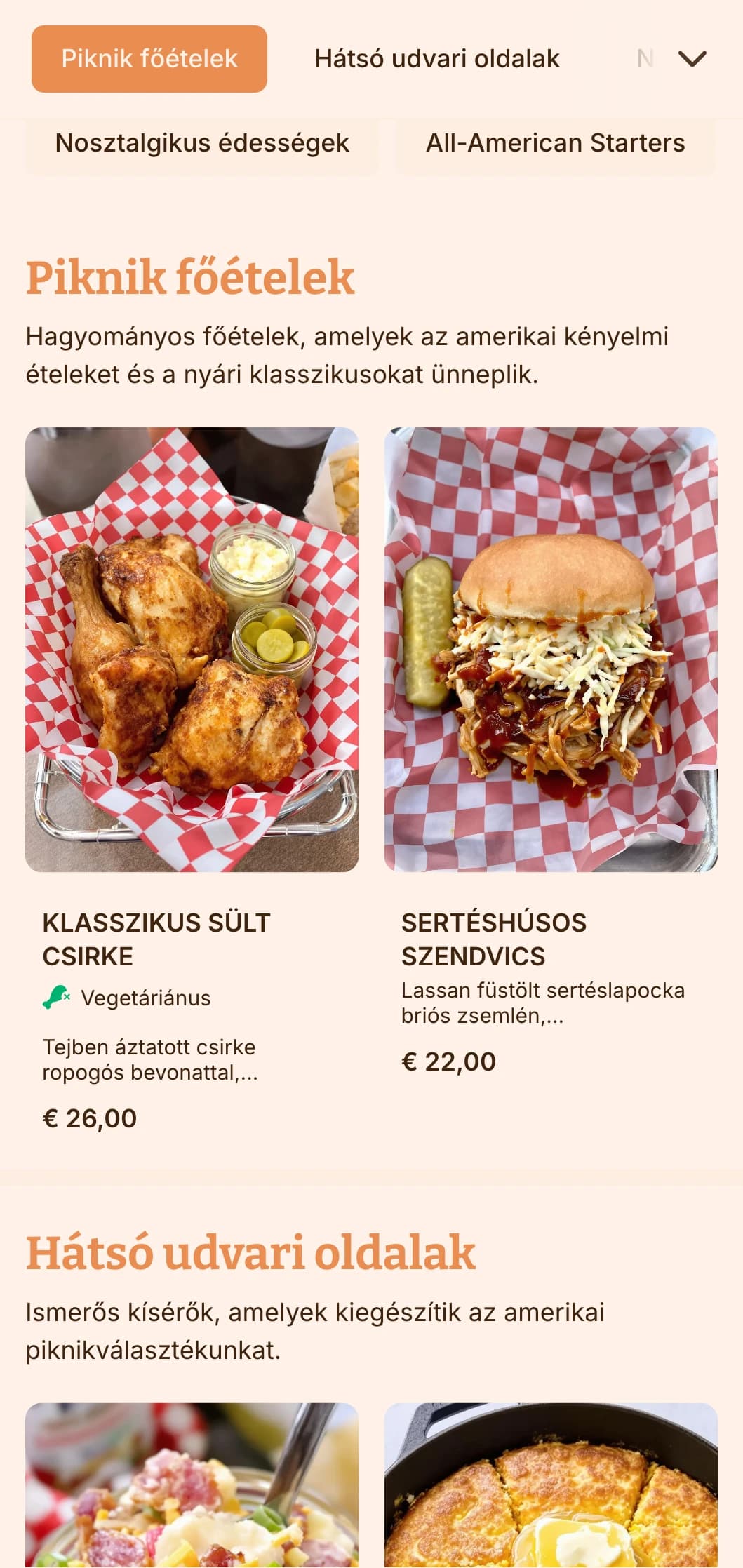 Klasszikus amerikai ihletésű alkalmi étkeztetés, amely a kényelem kedvenceivel, szabadtéri kiszolgálással és laza bemutatással várja a családi összejöveteleket és nyári rendezvényeket.