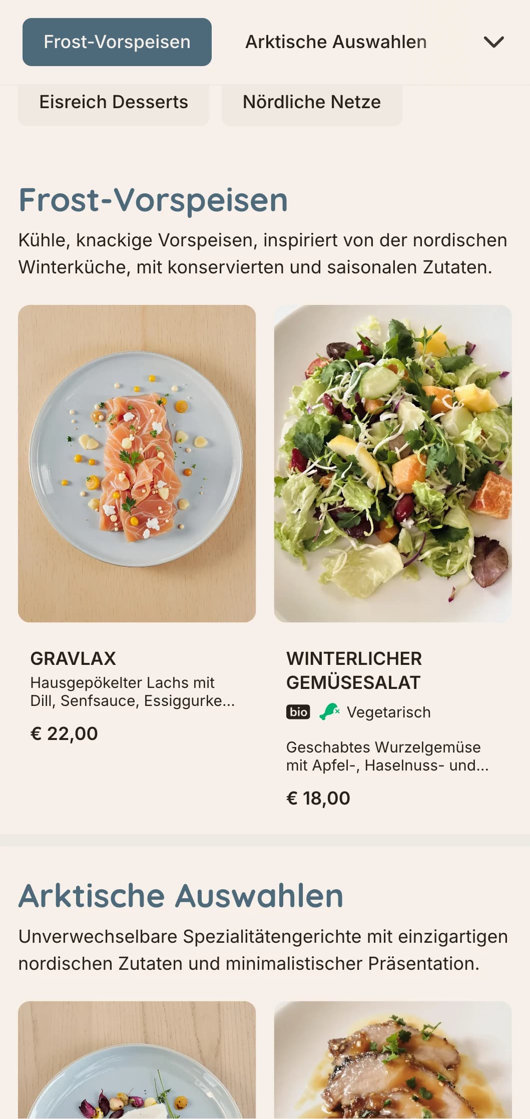 Ein kühles, knackiges Abendmenü mit skandinavischen Wintereinflüssen, mit eisblauen Tönen und klaren Linien, perfekt für die nordische Küche.