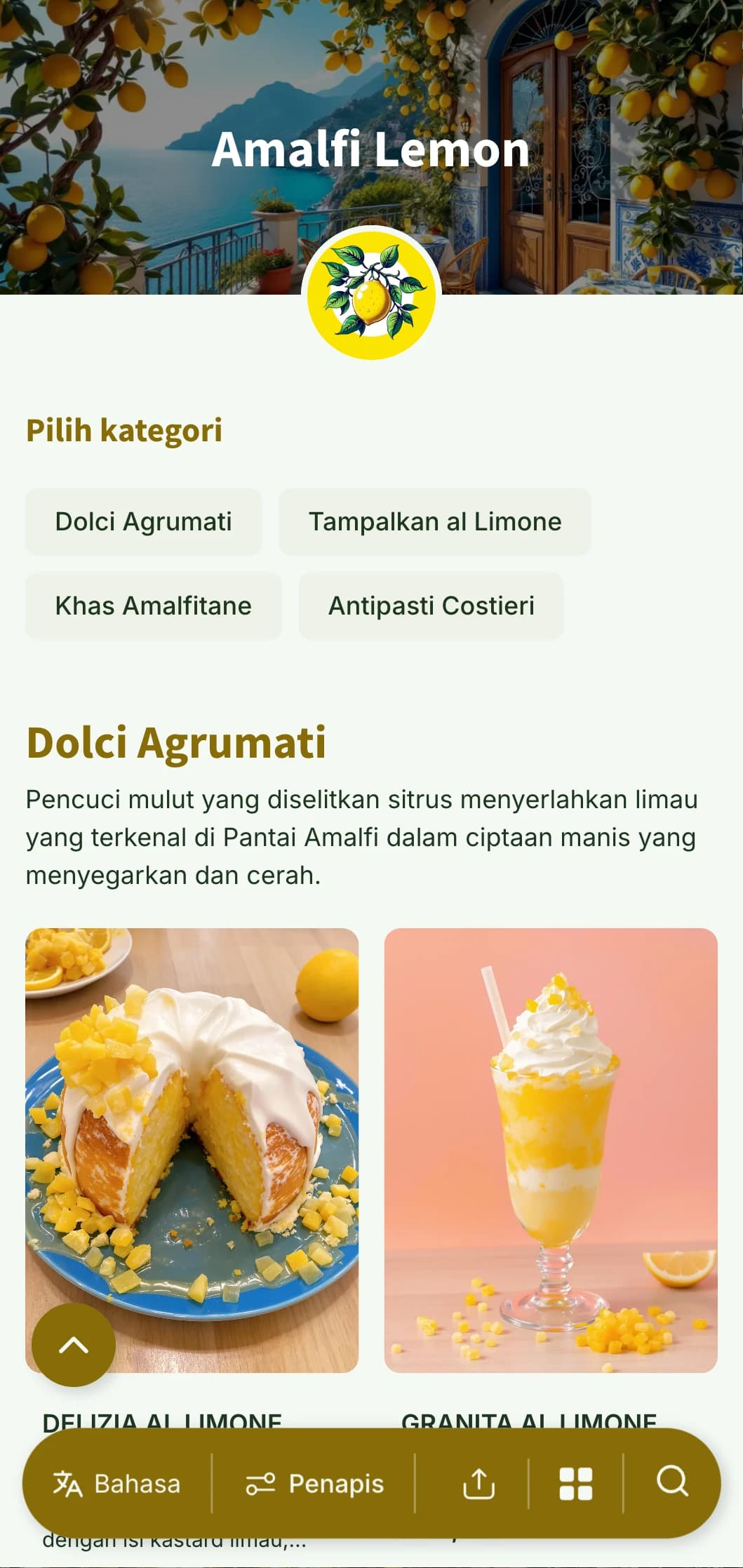 Reka bentuk terang dan lapang diilhamkan oleh Pantai Amalfi yang menampilkan motif lemon dan aksen biru Mediterranean.