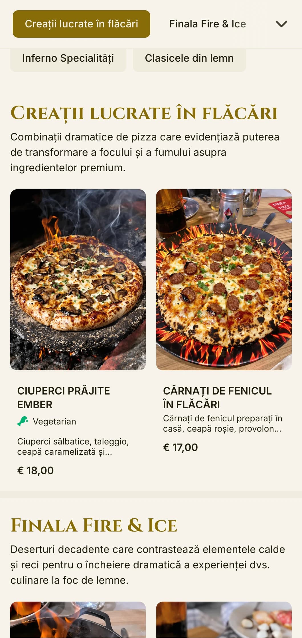 Meniu de pizza dramatic, cu culori bogate și tipografie îndrăzneață pentru specialiștii în arderea lemnului.