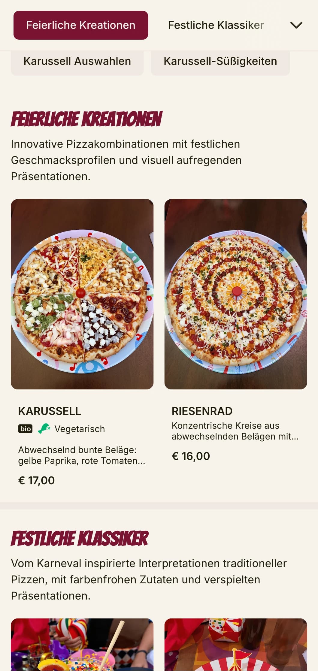 Festliche, energiegeladene Pizzakarte mit hellen Farben und verspielten Elementen.