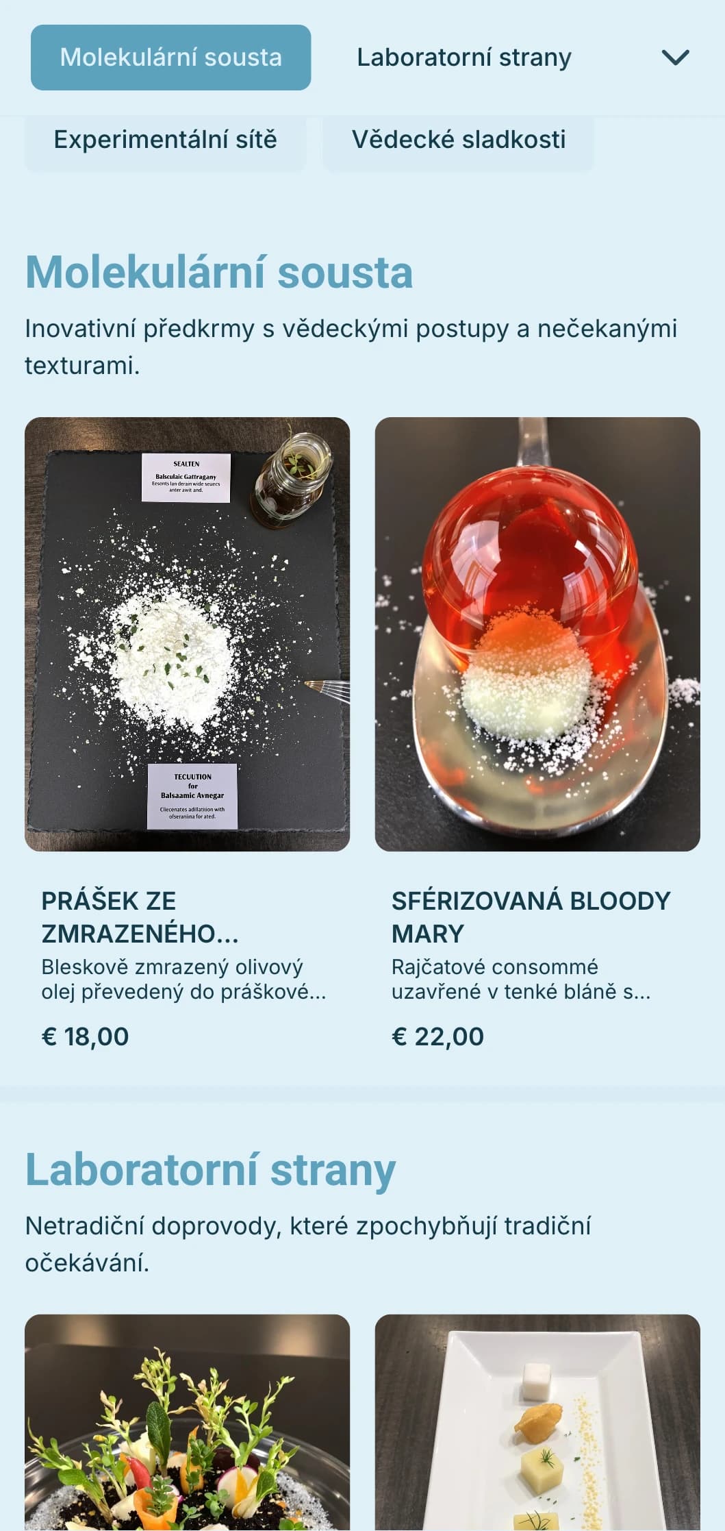 Inovativní catering v oblasti molekulární gastronomie s vědeckými postupy, neobvyklými texturami a dramatickou prezentací pro špičkové akce.
