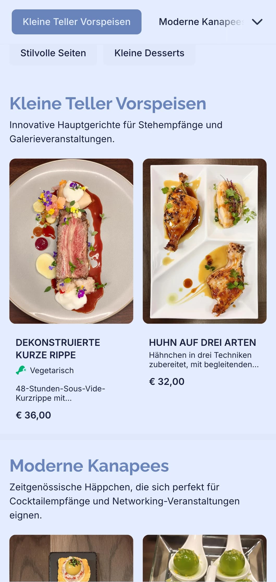Stilvolles, modernes Catering für Cocktail-Events mit innovativen Canapes, kleinen Häppchen und zeitgemäßer Präsentation für Networking-Events und Galerieeröffnungen.
