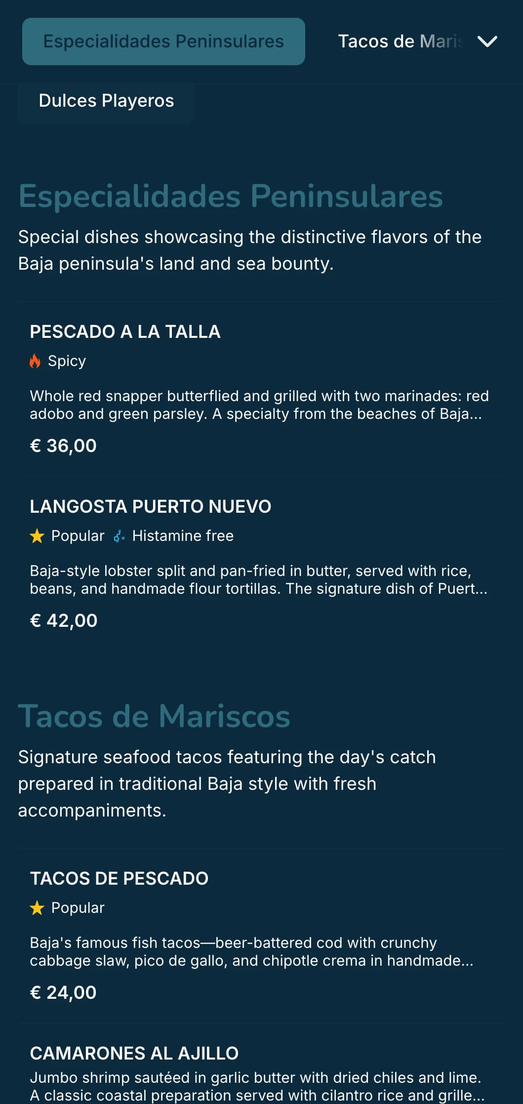 Light and refreshing Baja-inspired menu featuring seafood tacos, fresh ingredients, and coastal blue accents with a modern beach vibe.