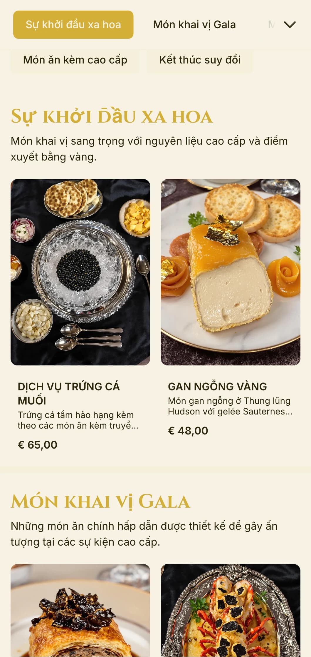 Dịch vụ phục vụ tiệc xa hoa với nguyên liệu cao cấp, điểm nhấn bằng vàng và cách trình bày xa hoa cho các buổi tiệc sang trọng và sự kiện xa xỉ.