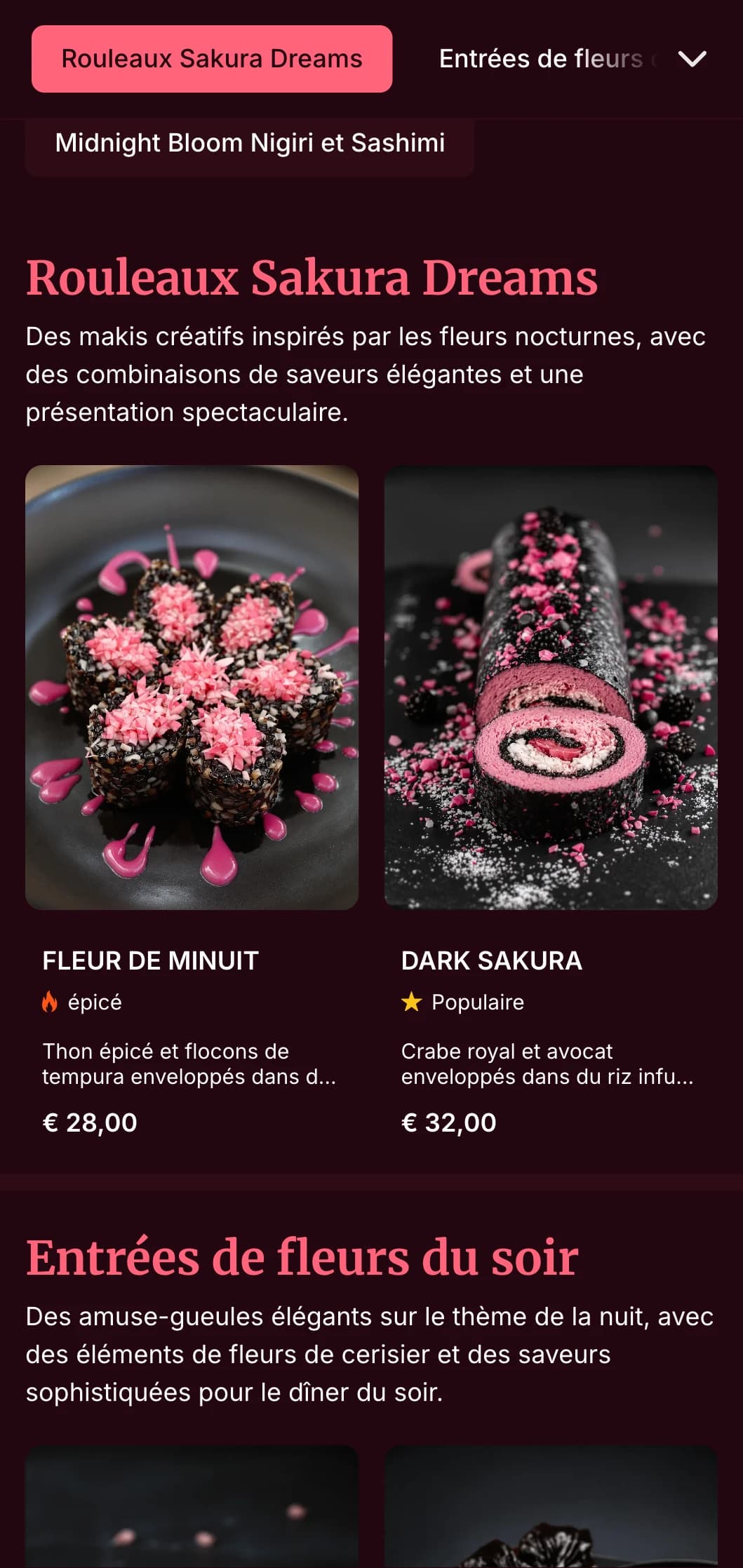 Une soirée sushi élégante avec des motifs spectaculaires de fleurs de cerisier sur fond de bordeaux profond pour un dîner haut de gamme.