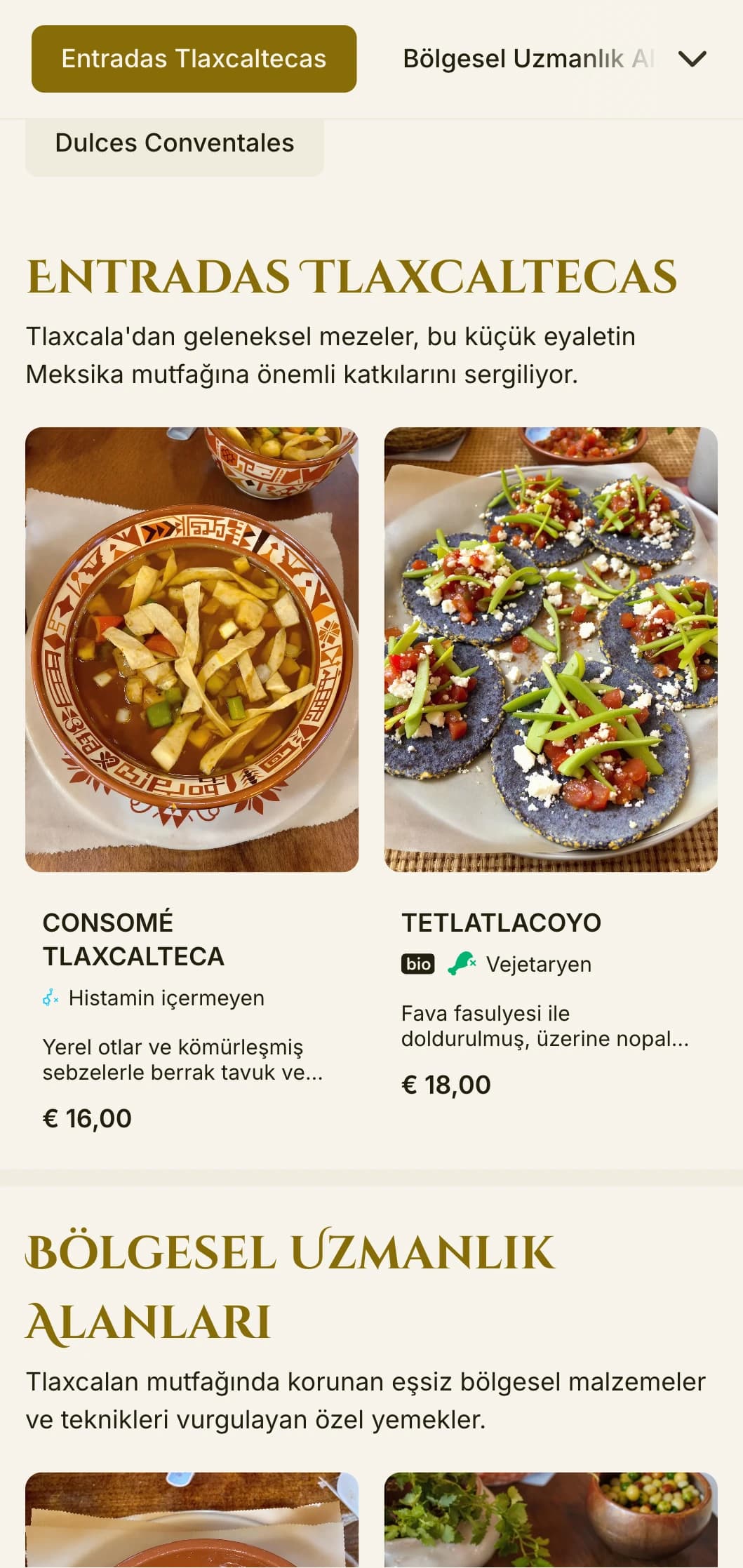 Tlaxcala'nın altın vurgular, İspanyol öncesi etkiler ve bölgesel spesiyaliteler içeren mutfak geleneklerini kutlayan zarif ve tarihi menü.