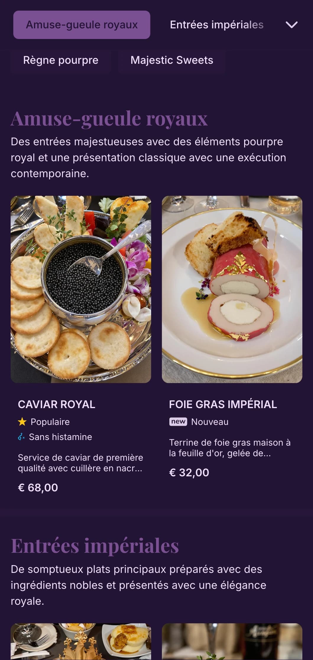 Un concept de restauration majestueux avec des tons violets royaux et des éléments de luxe contemporains pour une expérience noble.