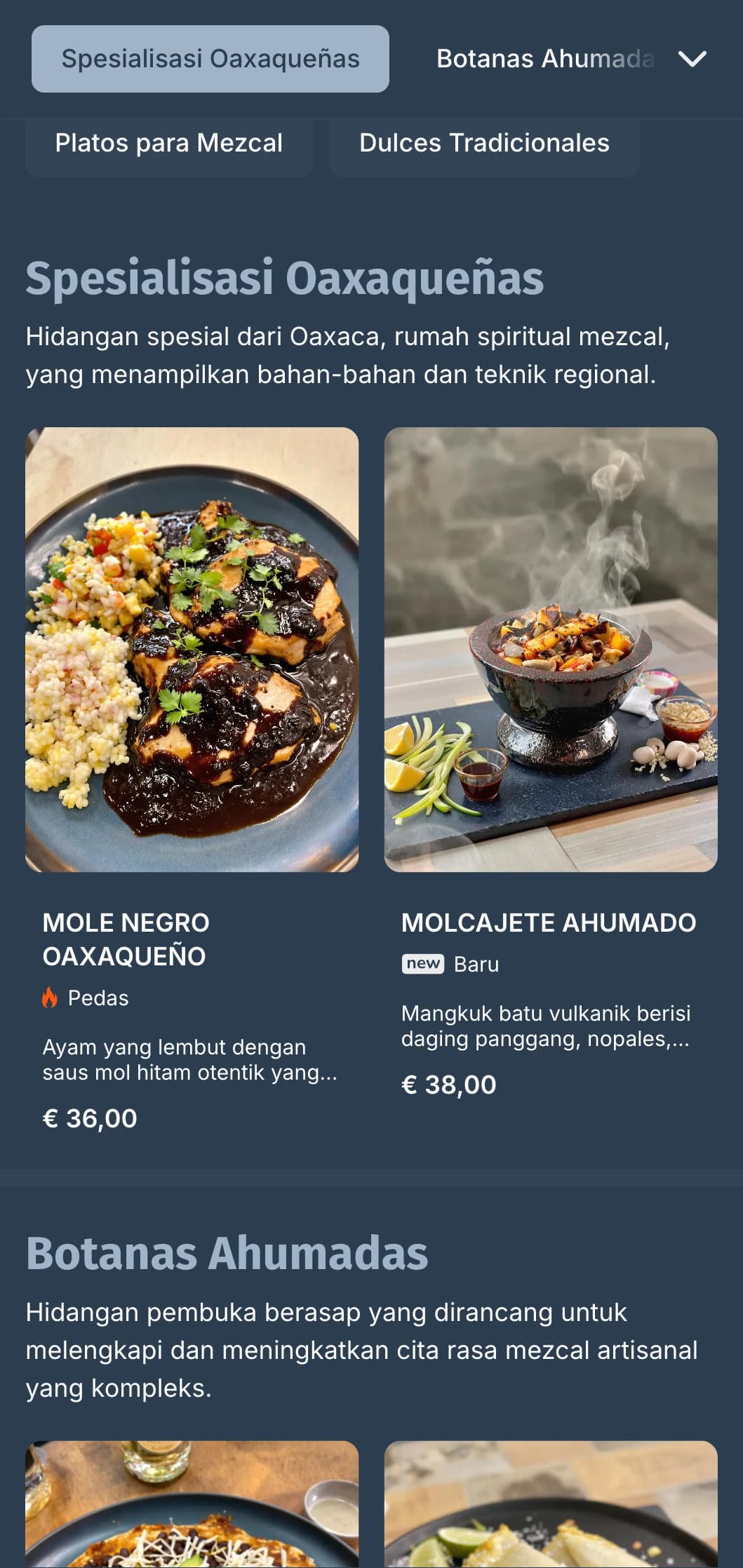 Menu bar mezcal yang misterius dan canggih yang menampilkan warna biru-abu-abu berasap, minuman beralkohol artisanal, dan iringan Oaxacan tradisional.