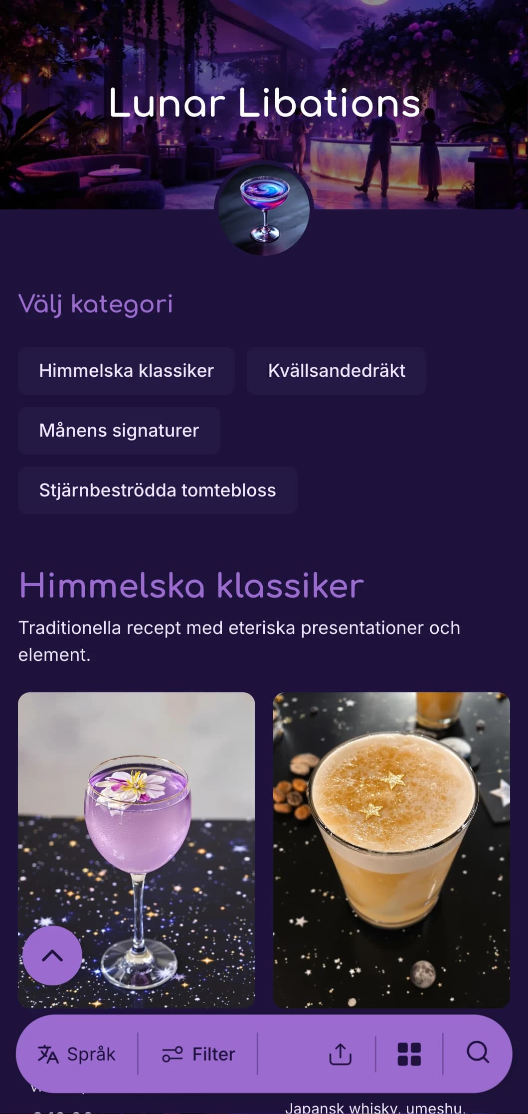 Drömlik lila design med månfaser för cocktailbarer med natt-tema.