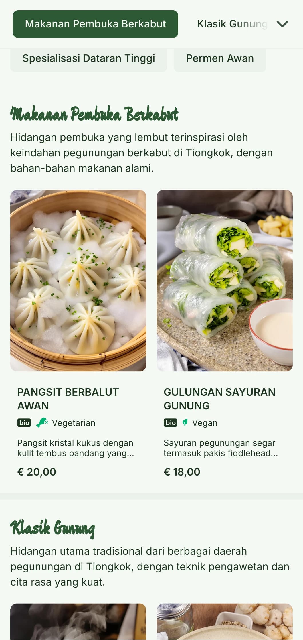 Desain menu Cina yang tenang terinspirasi dari lanskap pegunungan dan estetika berkabut untuk restoran yang berfokus pada hidangan regional.