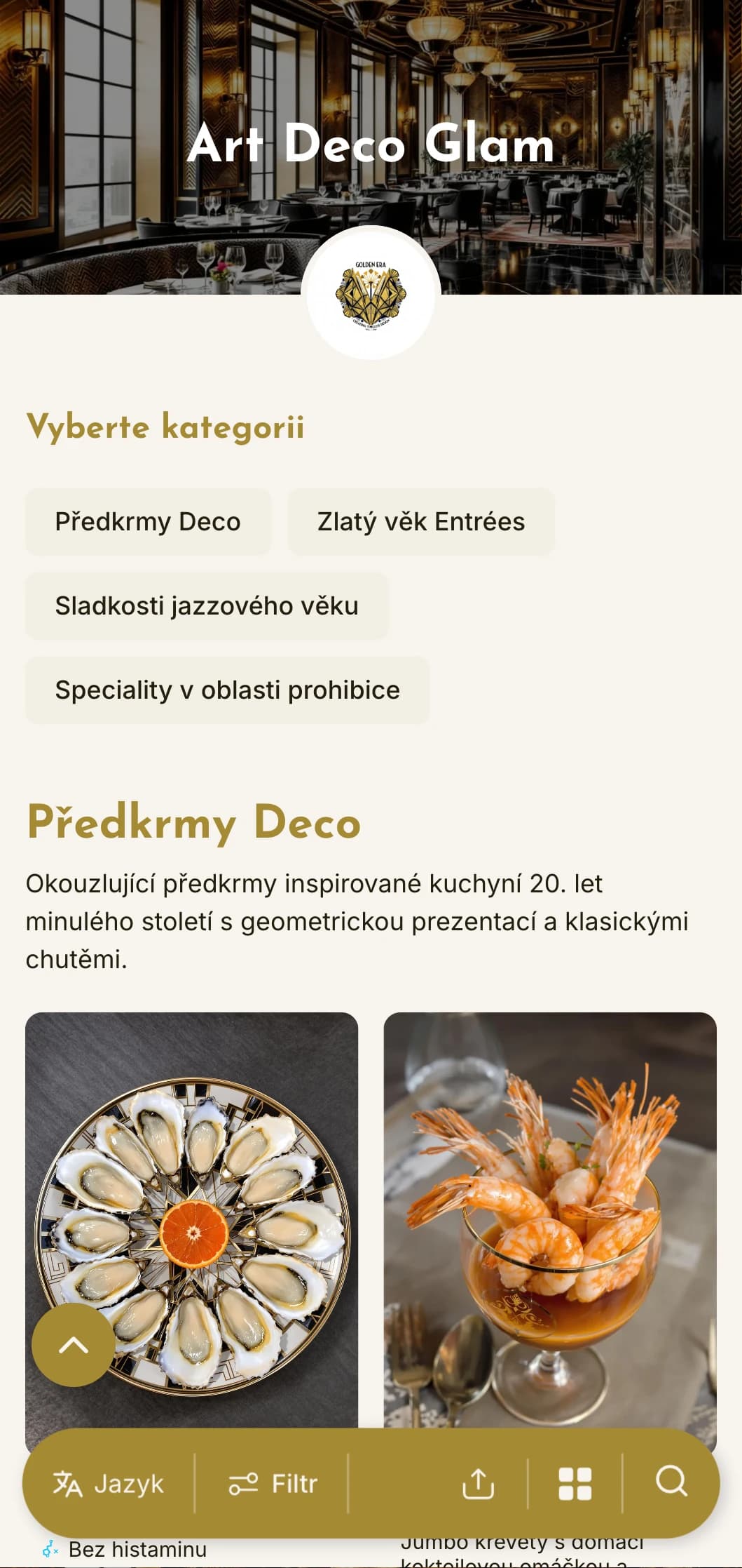 Okouzlující jídelní lístek inspirovaný 20. lety minulého století s geometrickými vzory a kovovými akcenty, ideální pro podniky s vintage stylem.