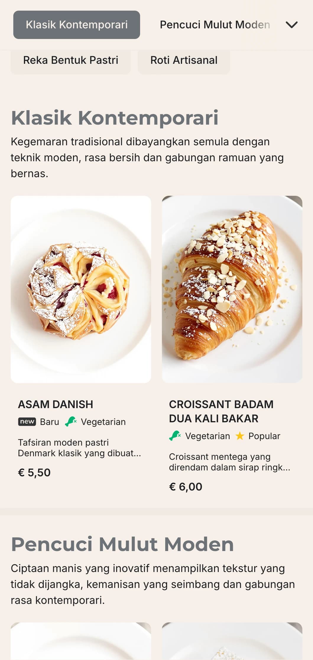 Reka bentuk menu bakeri minimalis kontemporari dengan garisan bersih dan tipografi ringkas, sesuai untuk kedai roti bandar dengan estetika moden.