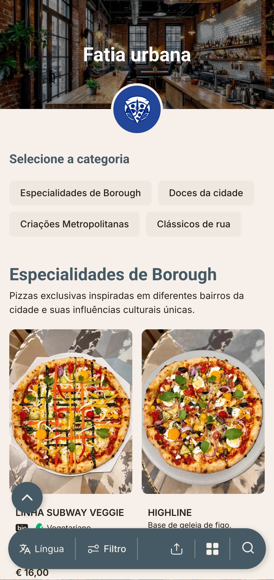 Menu de pizza urbano contemporâneo com elementos de design industrial, perfeito para pizzarias no centro da cidade.