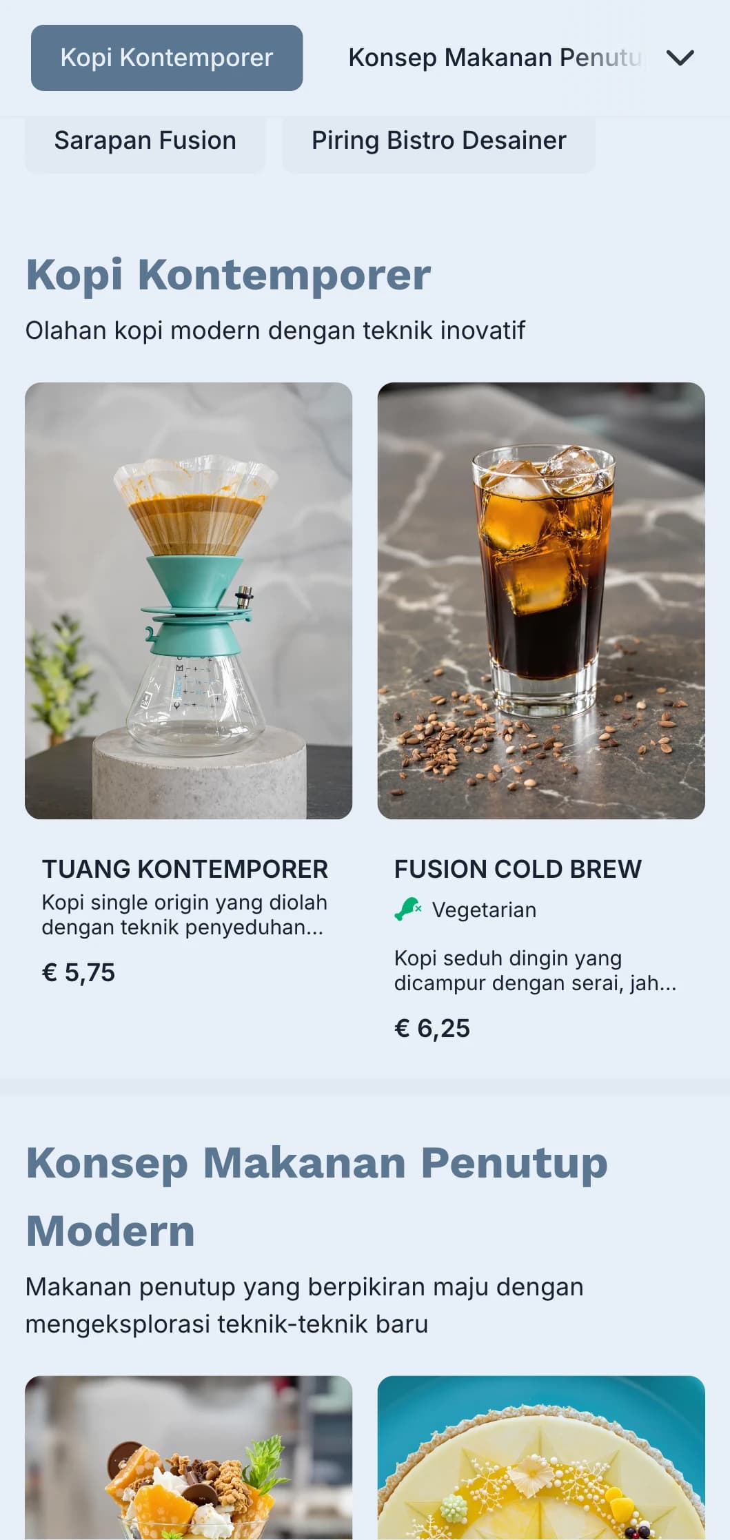 Desain kontemporer yang bersih dengan aksen teal untuk bistro modern dan kafe fusion.