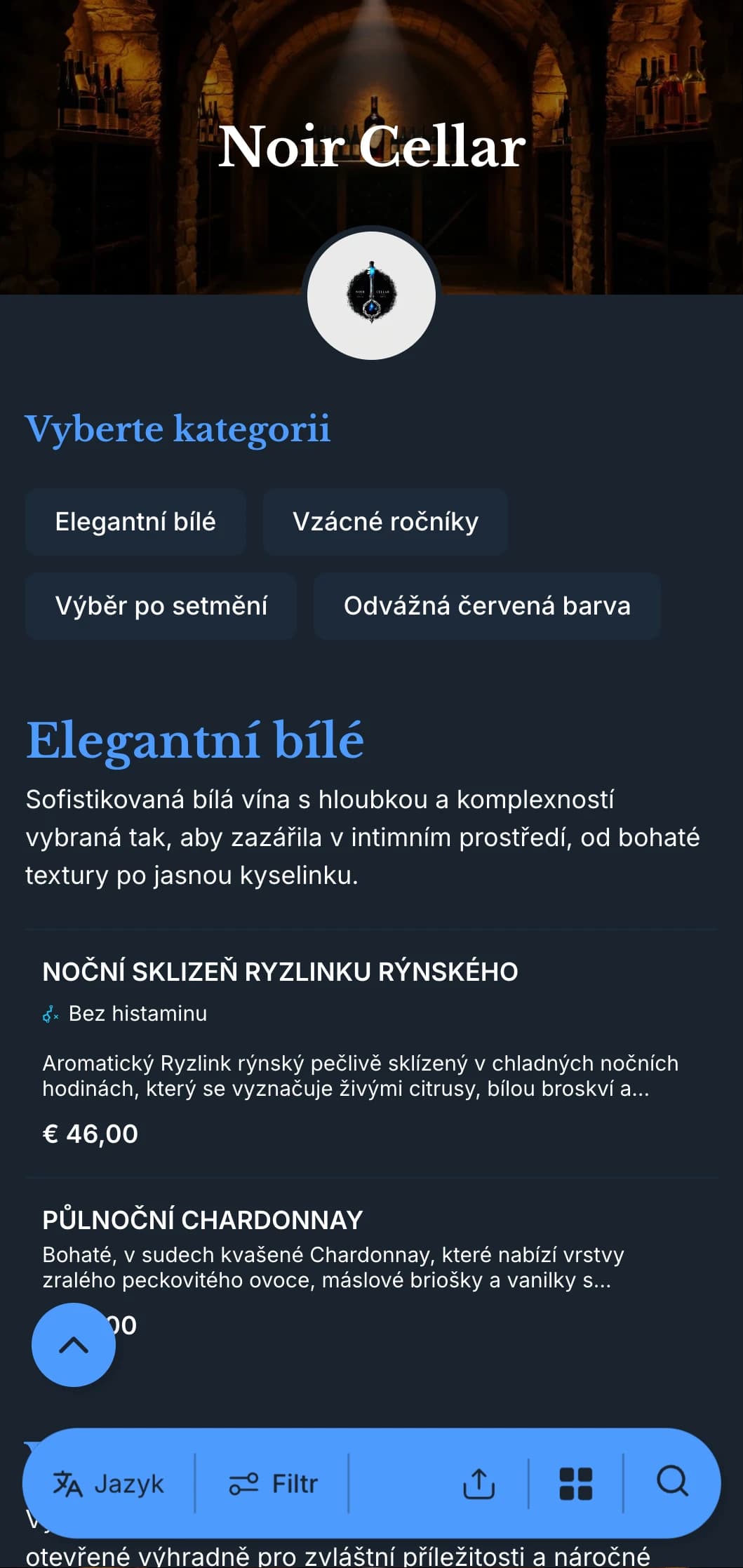 Sofistikovaná šablona vinného lístku s tmavou tématikou s výraznými modrými akcenty na tmavě námořnickém pozadí, ideální pro intimní vinné salónky a večerní podniky.