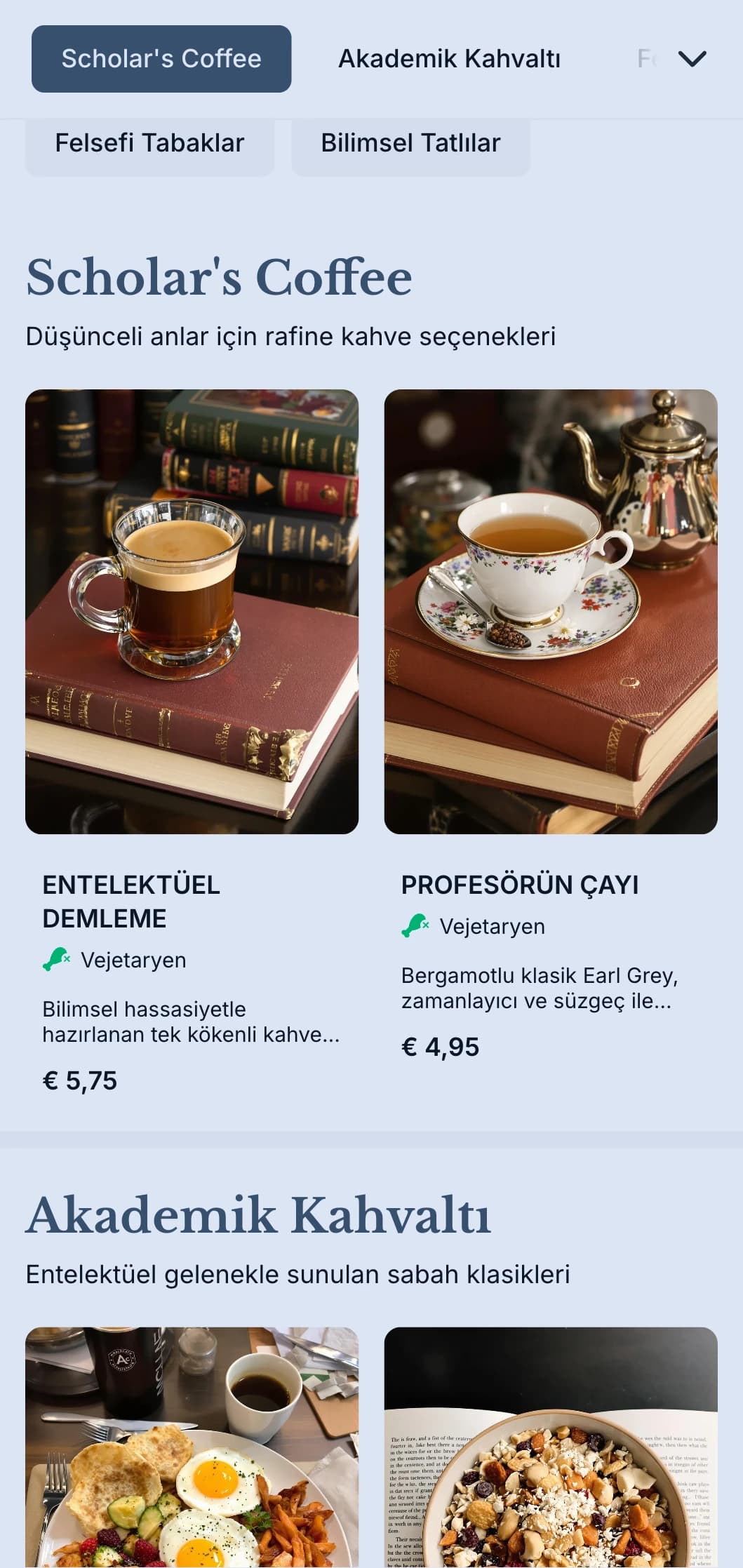 Üniversiteye yakın kahvehaneler için akademik unsurlar içeren sofistike lacivert tasarım.