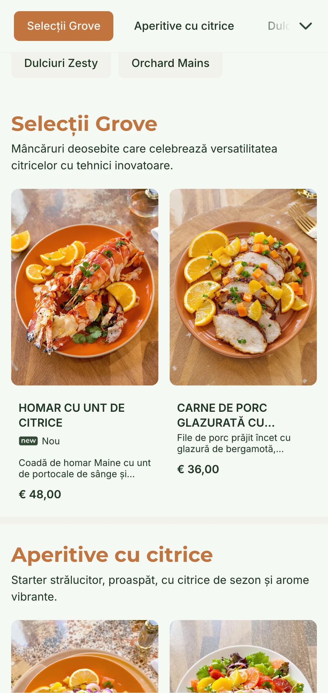 Un meniu de cină luminos și proaspăt, cu tonuri de citrice și elemente naturale, perfect pentru restaurantele cu influențe mediteraneene.