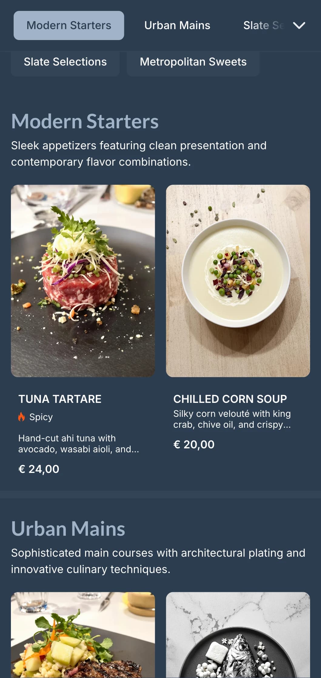 A contemporary dinner menu with cool slate tones and clean geometric design, perfect for modern urban restaurants.