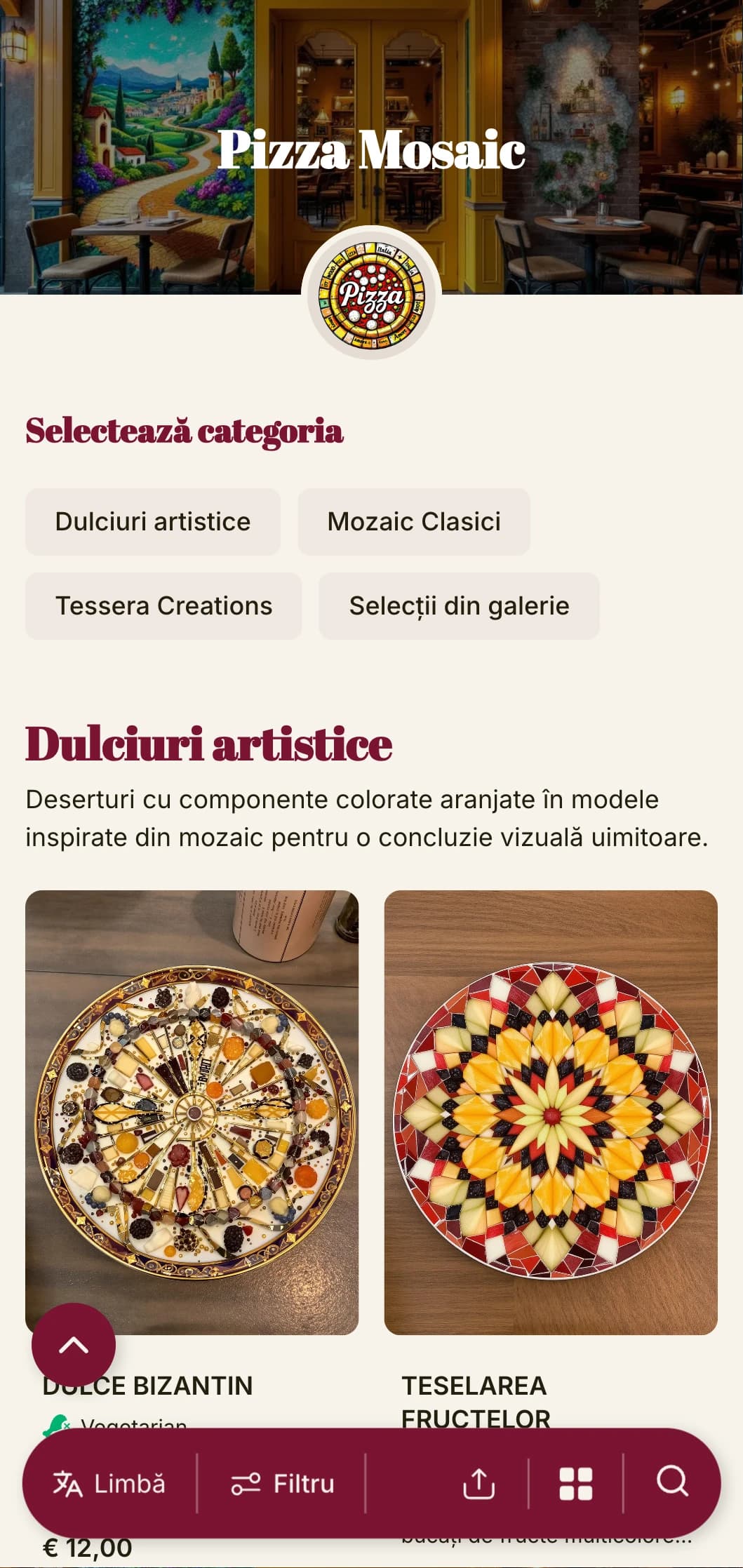 Meniu de pizza colorat, artistic, inspirat de arta italiană a mozaicurilor, cu elemente vibrante.