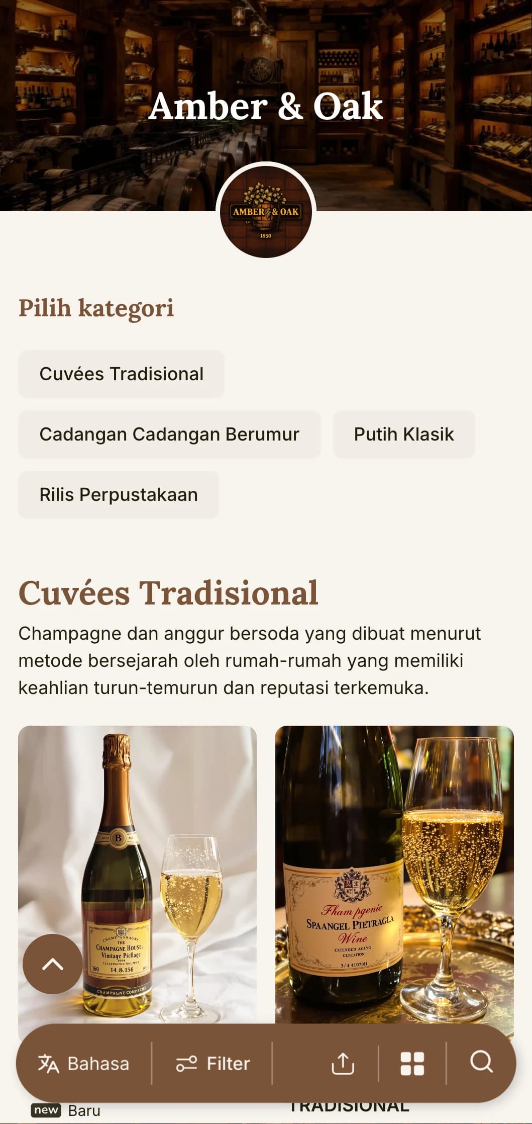 Templat daftar anggur tradisional yang hangat dengan aksen kuning dan kayu ek, cocok untuk kilang anggur yang sudah mapan dan restoran warisan dengan program ruang cicip.