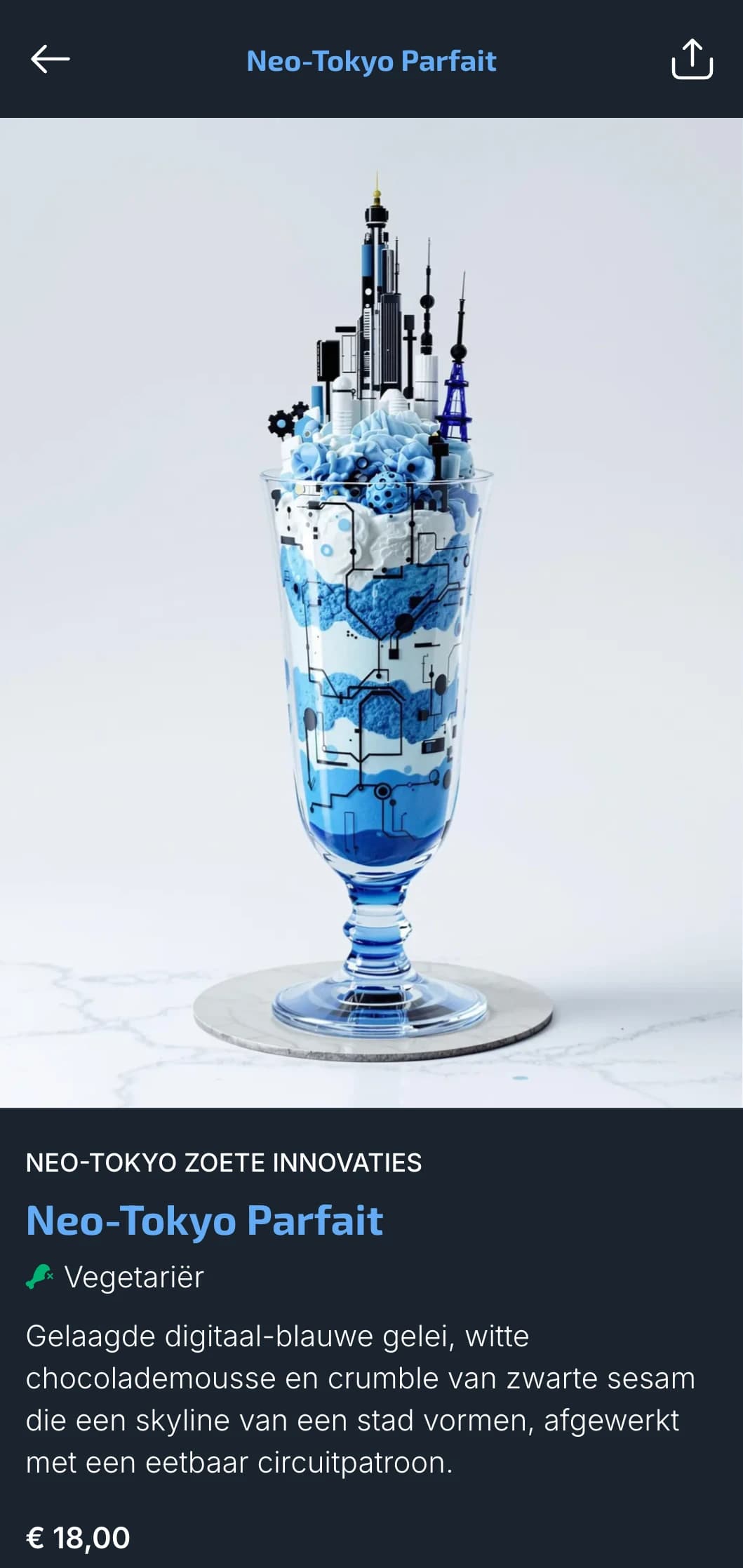 Futuristisch op Tokio geïnspireerd sushi-menu met digitale blauwe elementen voor eigentijdse stedelijke restaurants.