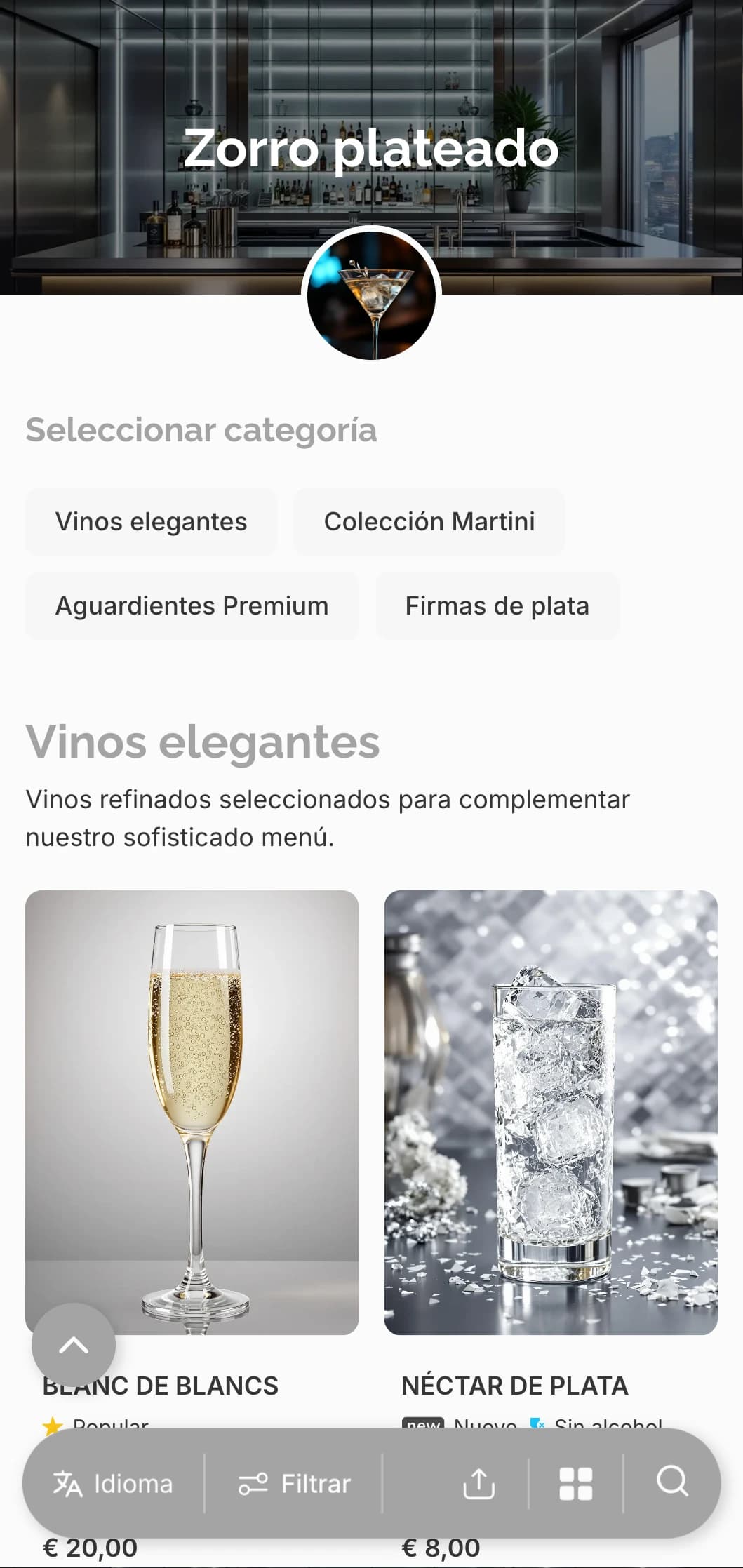 Diseño moderno en gris plateado para bares de martinis y salones de lujo.