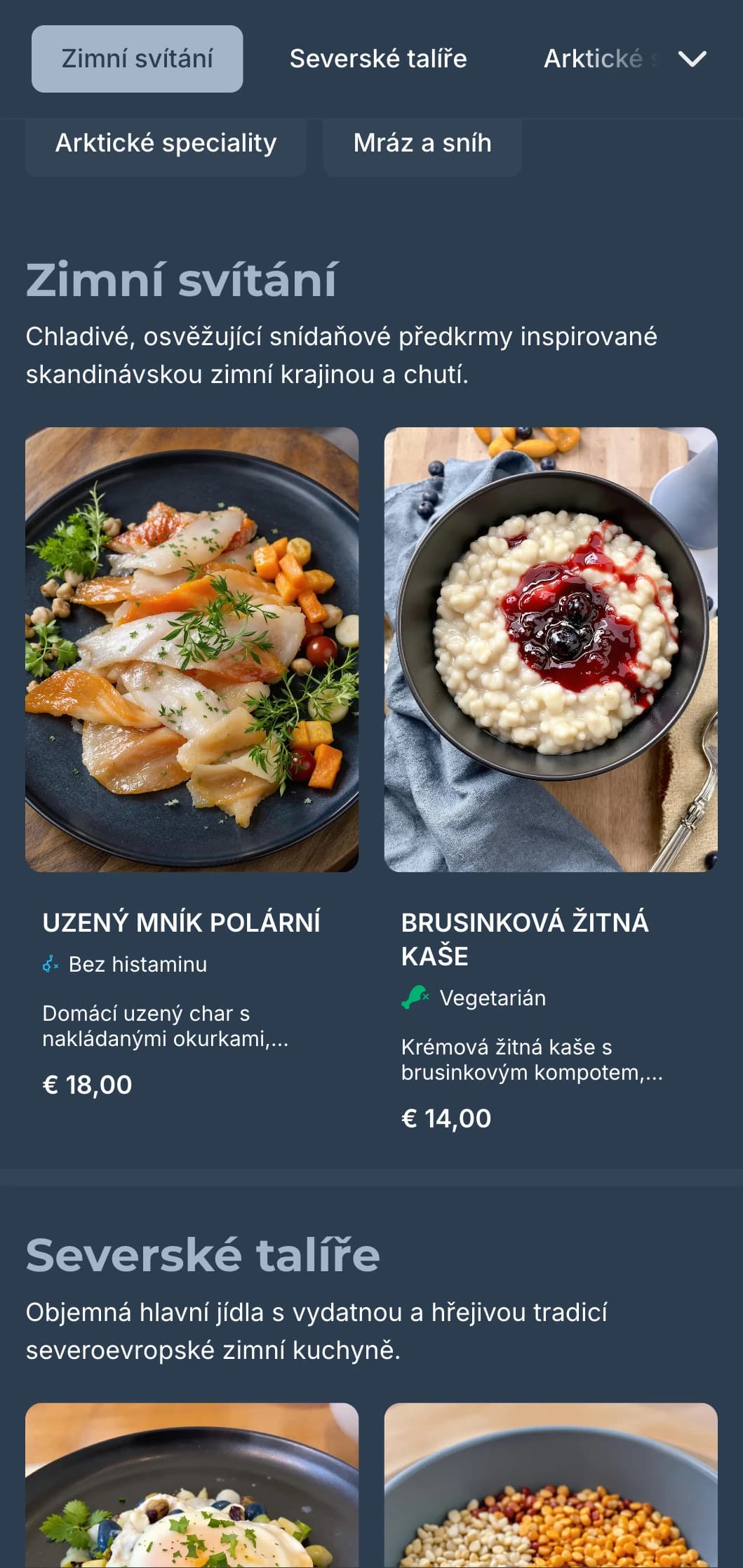 Tmavě modrá šablona s chladnými akcenty, inspirovaná skandinávskou zimní estetikou pro současné kavárny.
