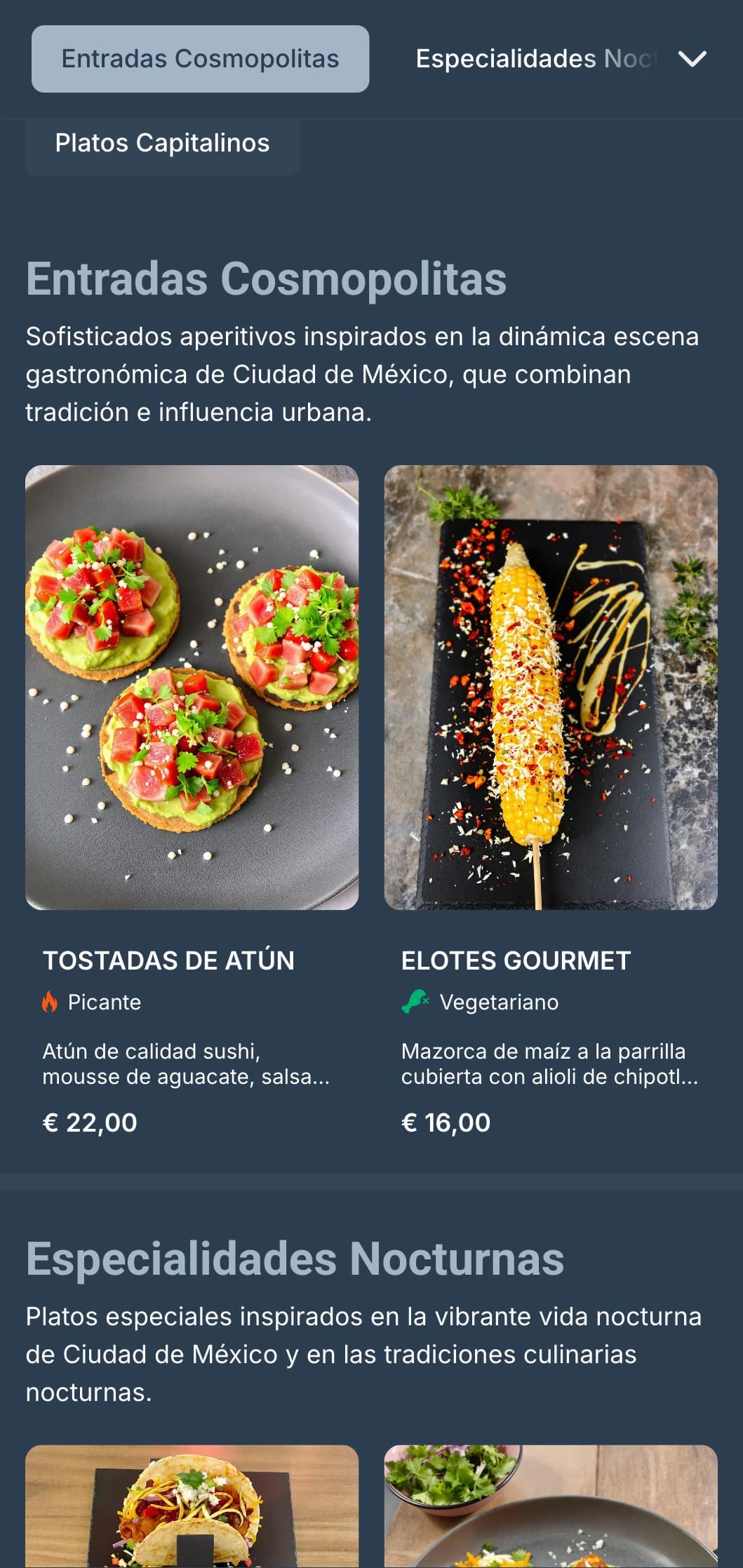 Menú mexicano cosmopolita inspirado en la vibrante vida nocturna de Ciudad de México, con elegantes tonos grises y azules, imágenes urbanas y cocina contemporánea.