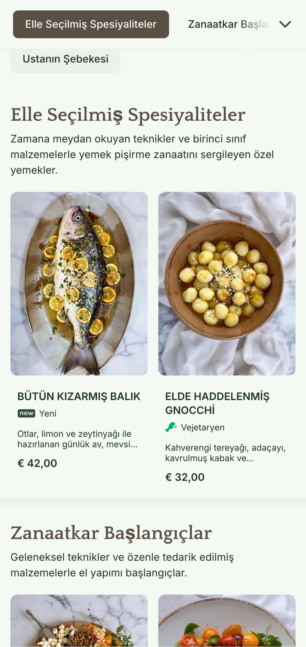 El işi mutfağına odaklanan restoranlar için mükemmel olan, zanaattan ilham alan tasarım öğeleri ve toprak tonları içeren sıcak, zanaatkar bir akşam yemeği menüsü.