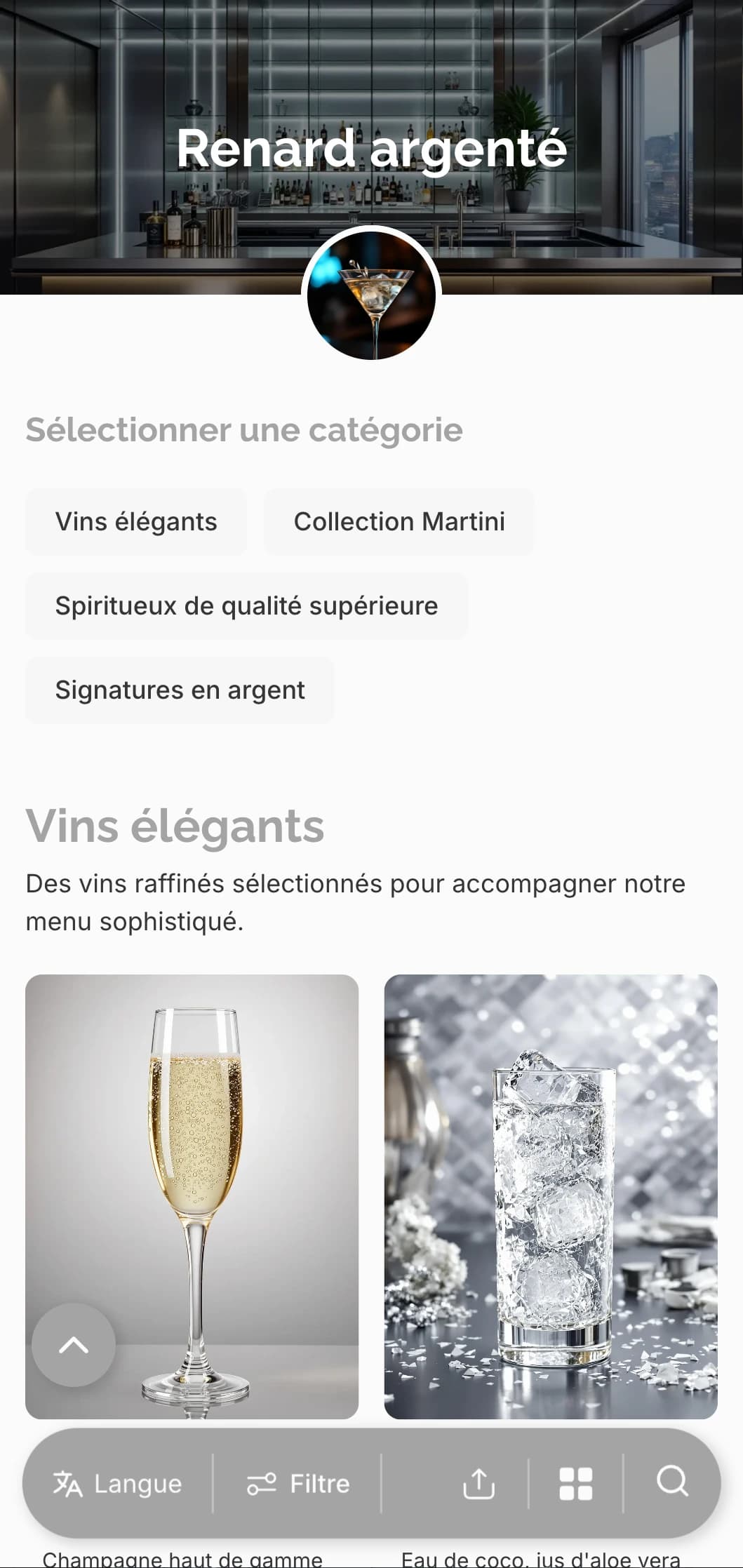 Design gris-argenté pour les bars à martini et les salons haut de gamme.