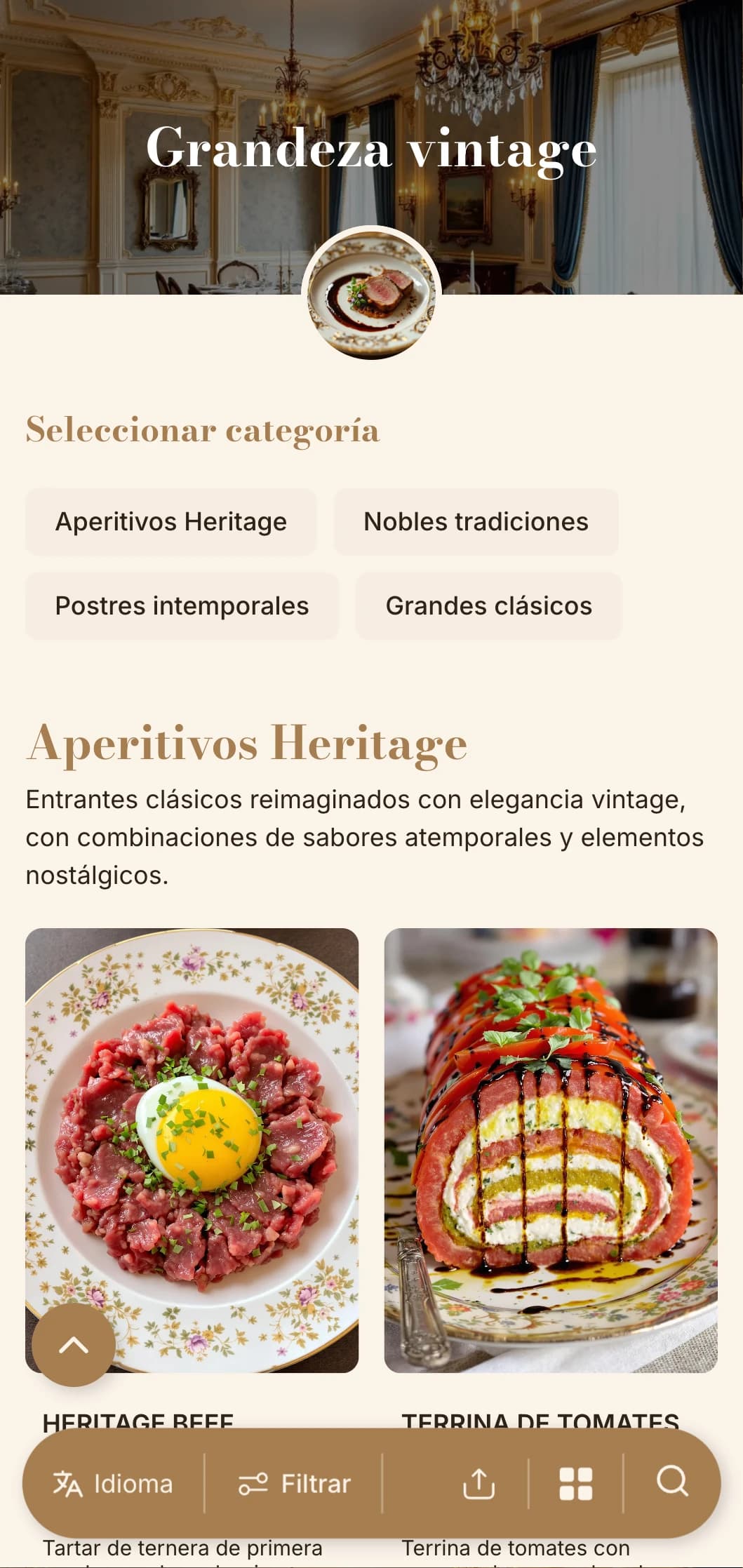 Sofisticación nostálgica con tipografía y paleta de colores de inspiración vintage, perfecta para establecimientos con carácter histórico.