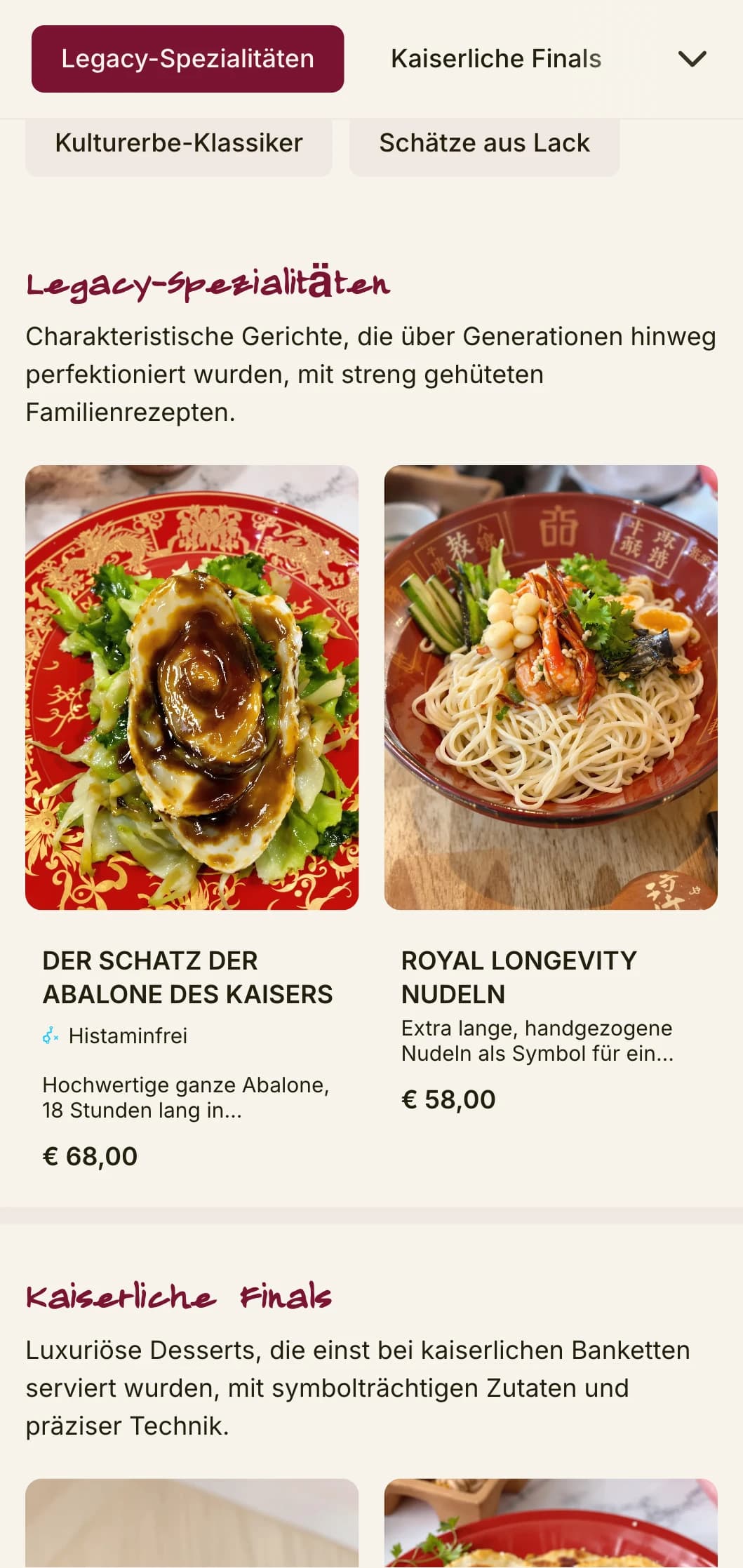 Luxuriöses chinesisches Menüdesign, inspiriert von traditionellem Lackgeschirr, mit satten Farben für die traditionelle Küche und besondere Anlässe.