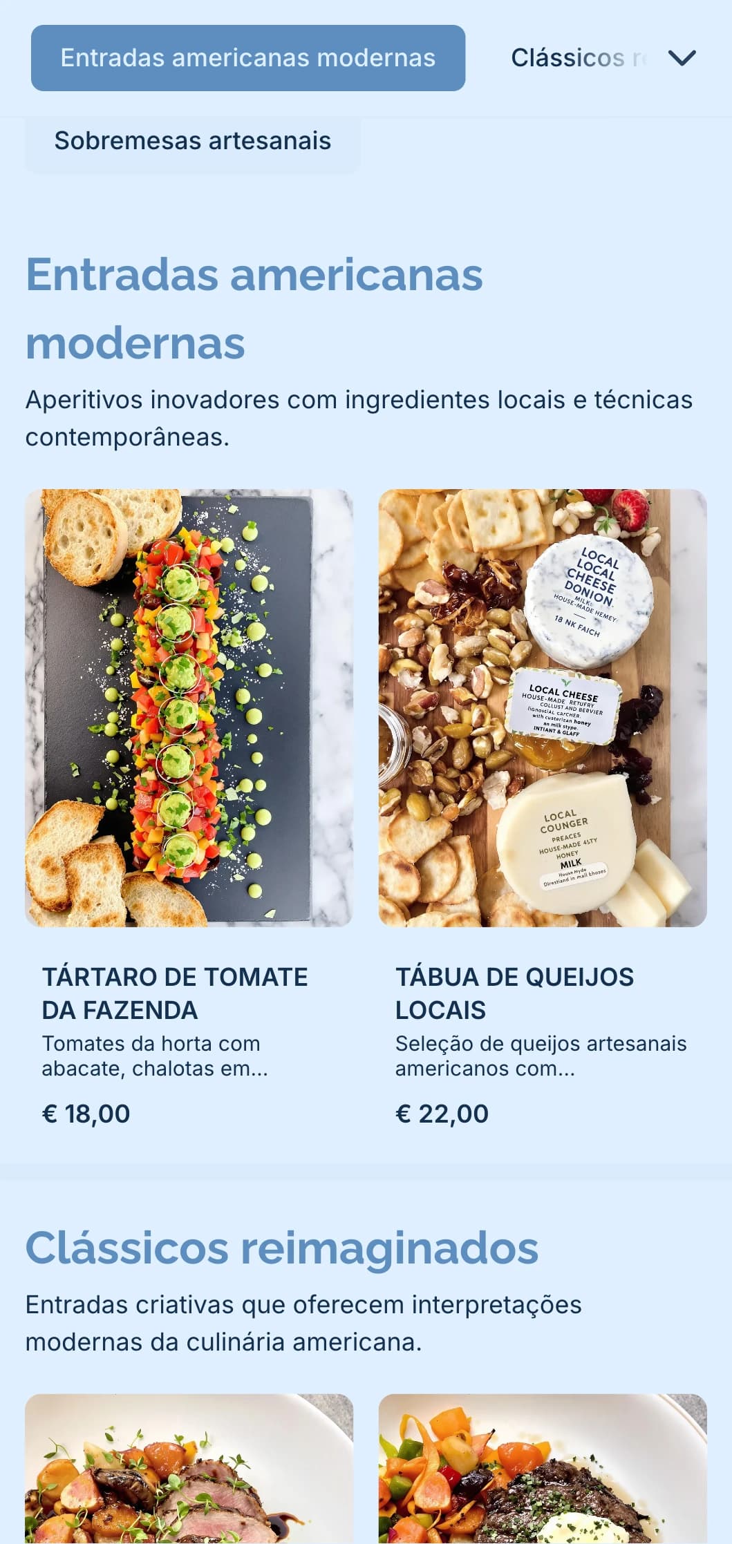 Serviço de bufê com inspiração americana moderna, com ingredientes locais, técnicas inovadoras e apresentação contemporânea para eventos sofisticados.