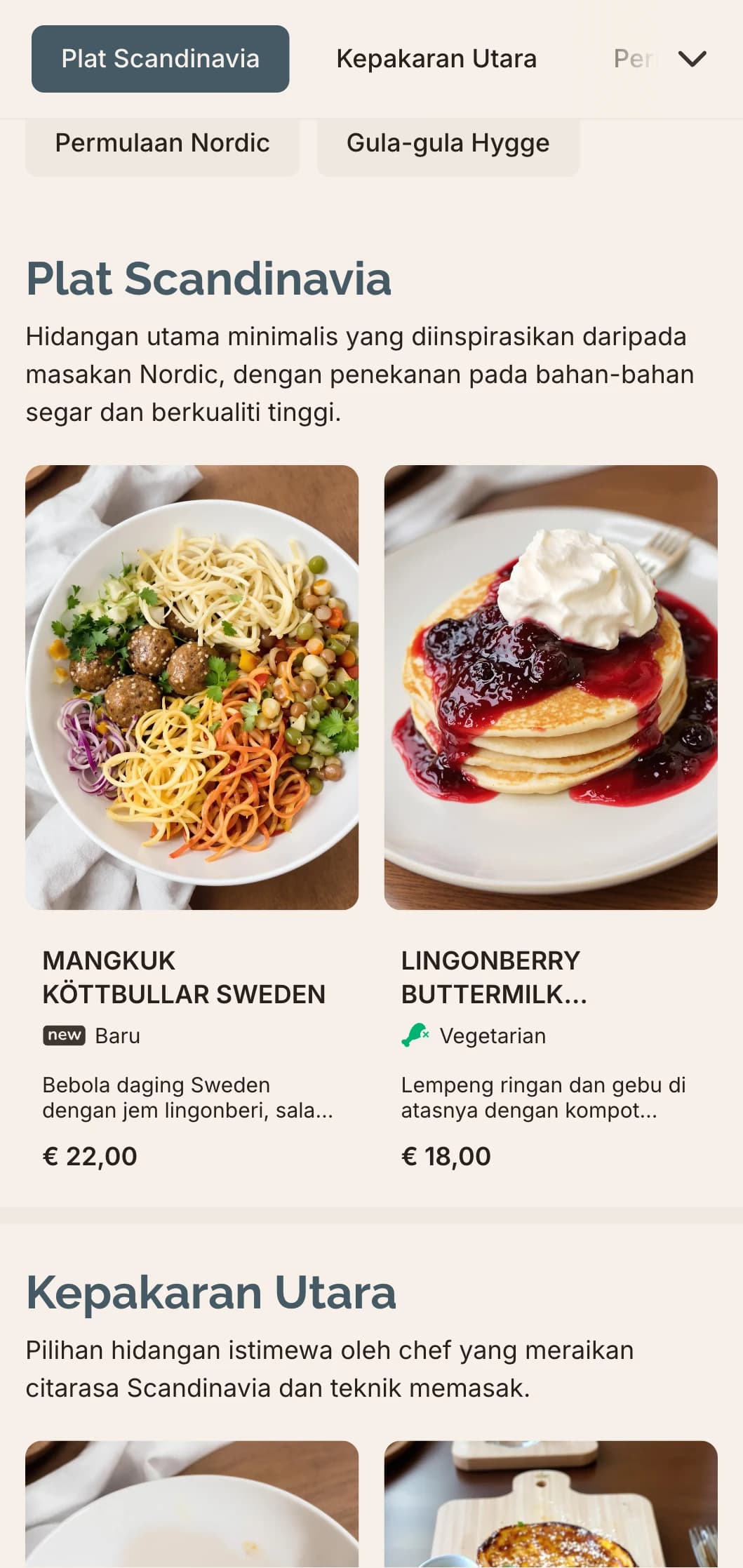 Templat makan tengah hari yang bersih dan minima dengan pengaruh reka bentuk Scandinavia, sesuai untuk kafe moden dengan suasana yang bersih.